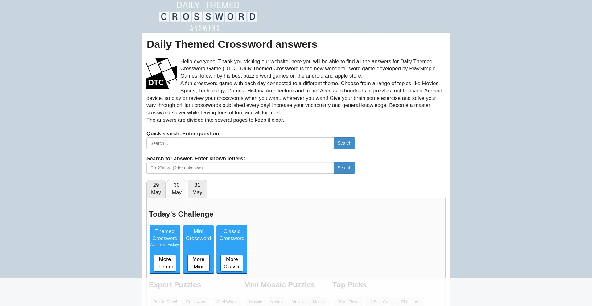 Website screenshot of Dailythemedcrossword.info