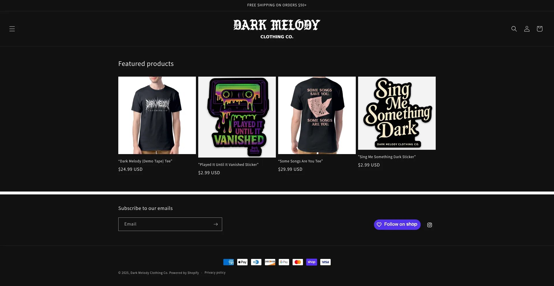 Website screenshot of Darkmelodyclothingco.com