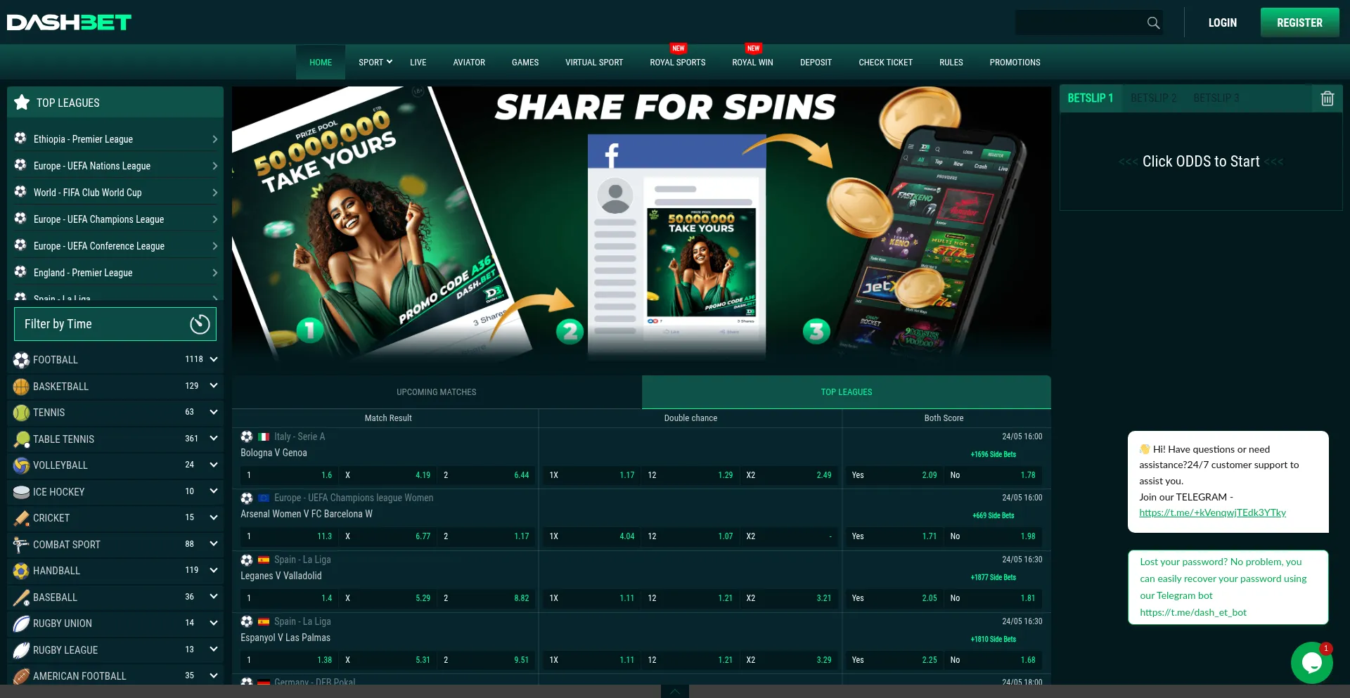 Website screenshot of Dash.bet