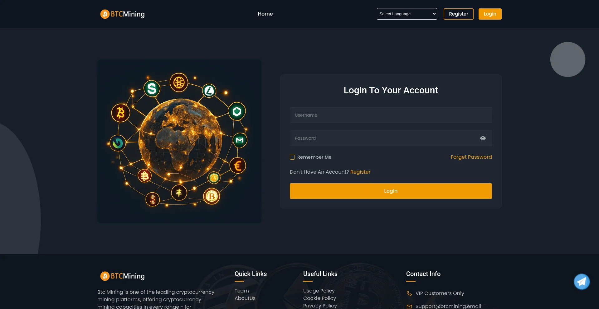 Website screenshot of Dashboard.btcmining.pw