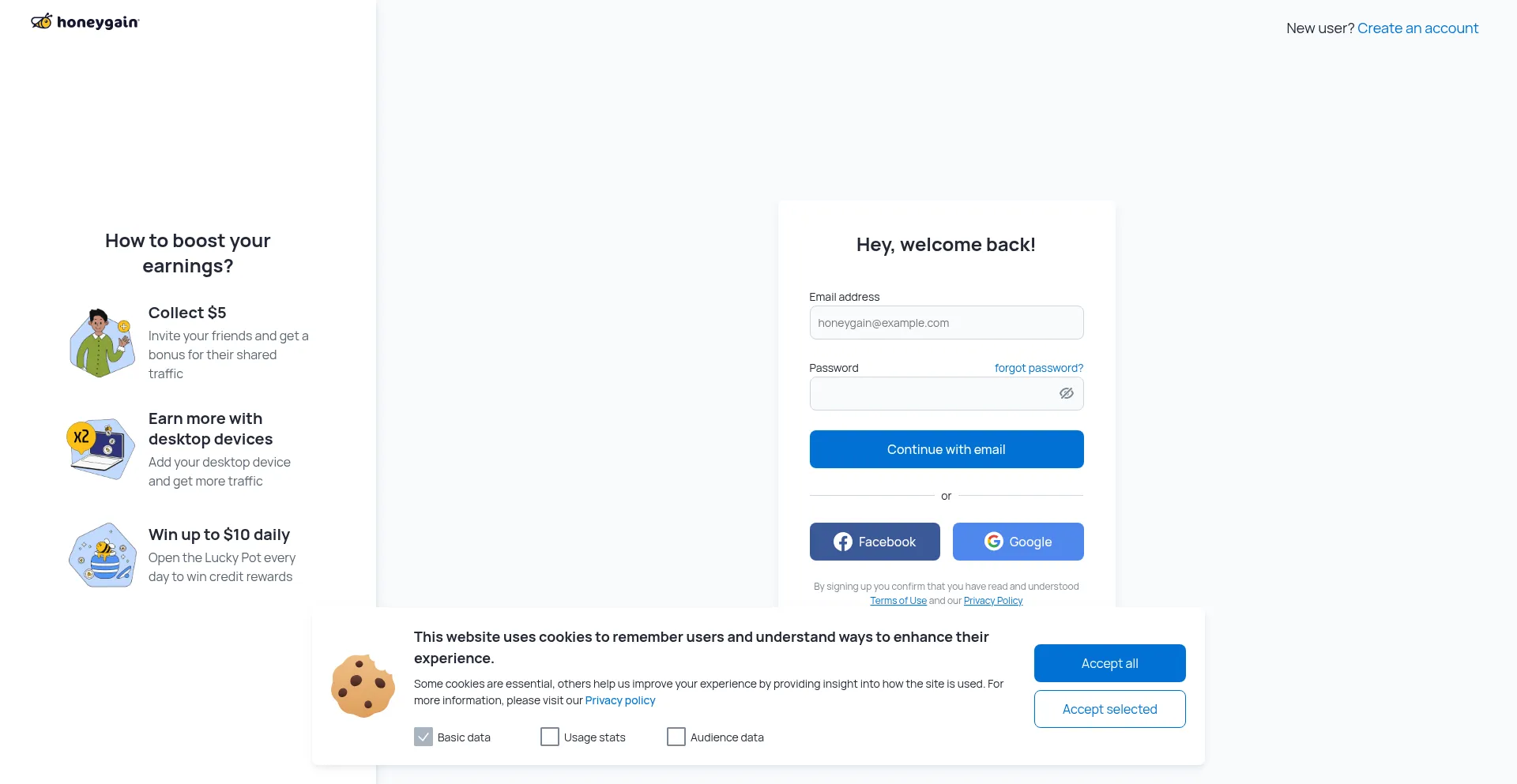 Website screenshot of Dashboard.honeygain.com