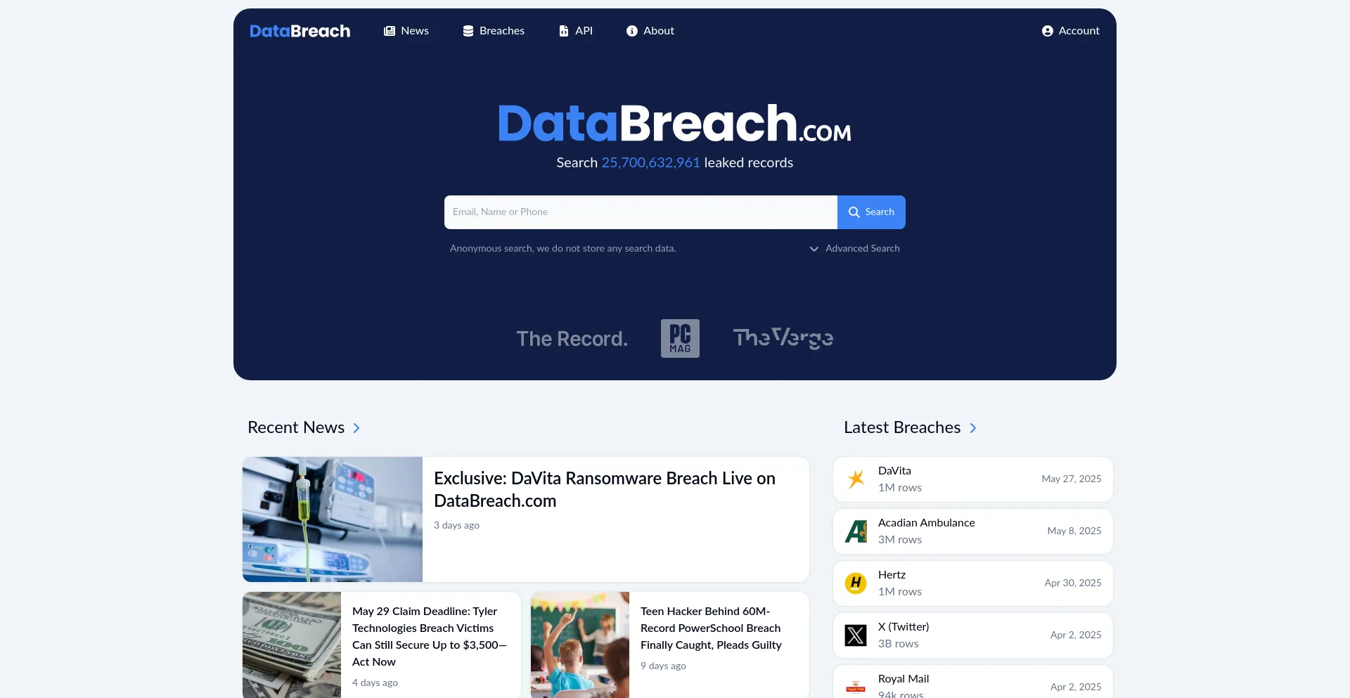 Website screenshot of Databreach.com