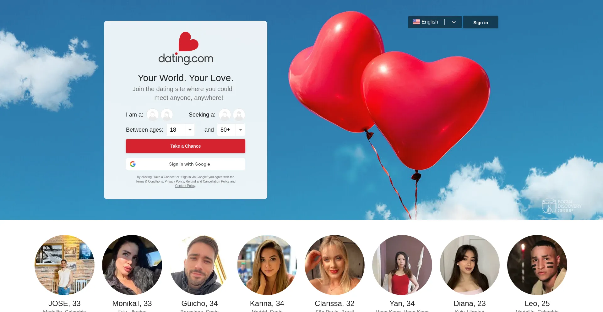 Website screenshot of Dating.com