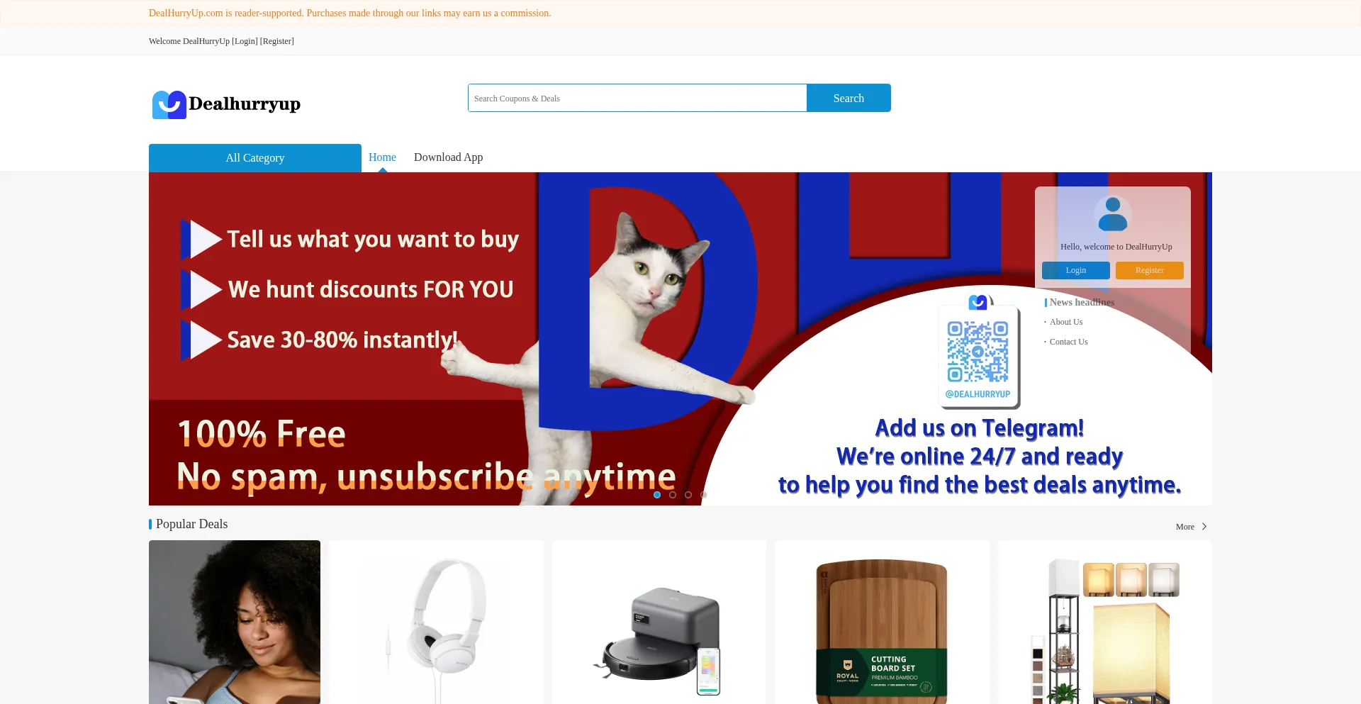 Website screenshot of Dealhurryup.com