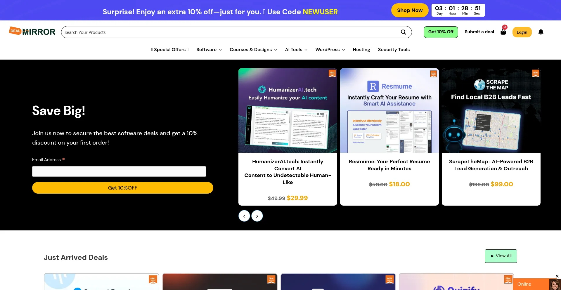 Website screenshot of Dealmirror.com