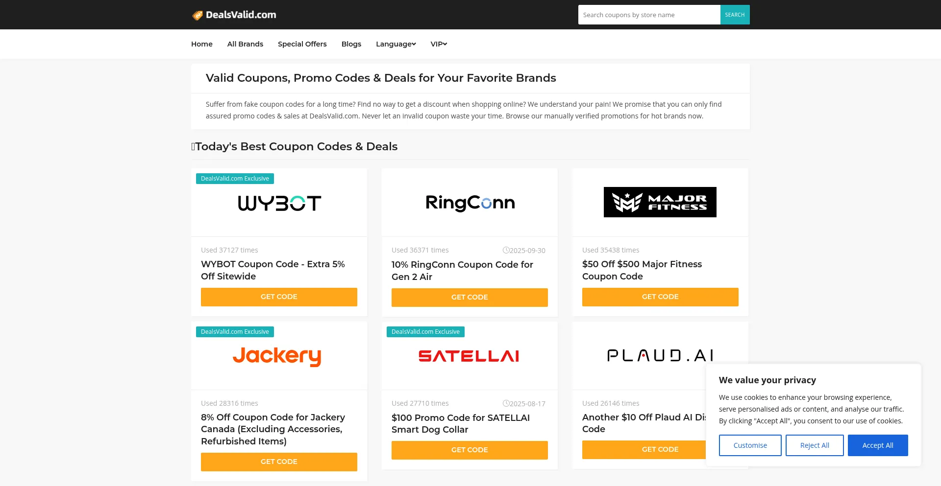 Website screenshot of Dealsvalid.com