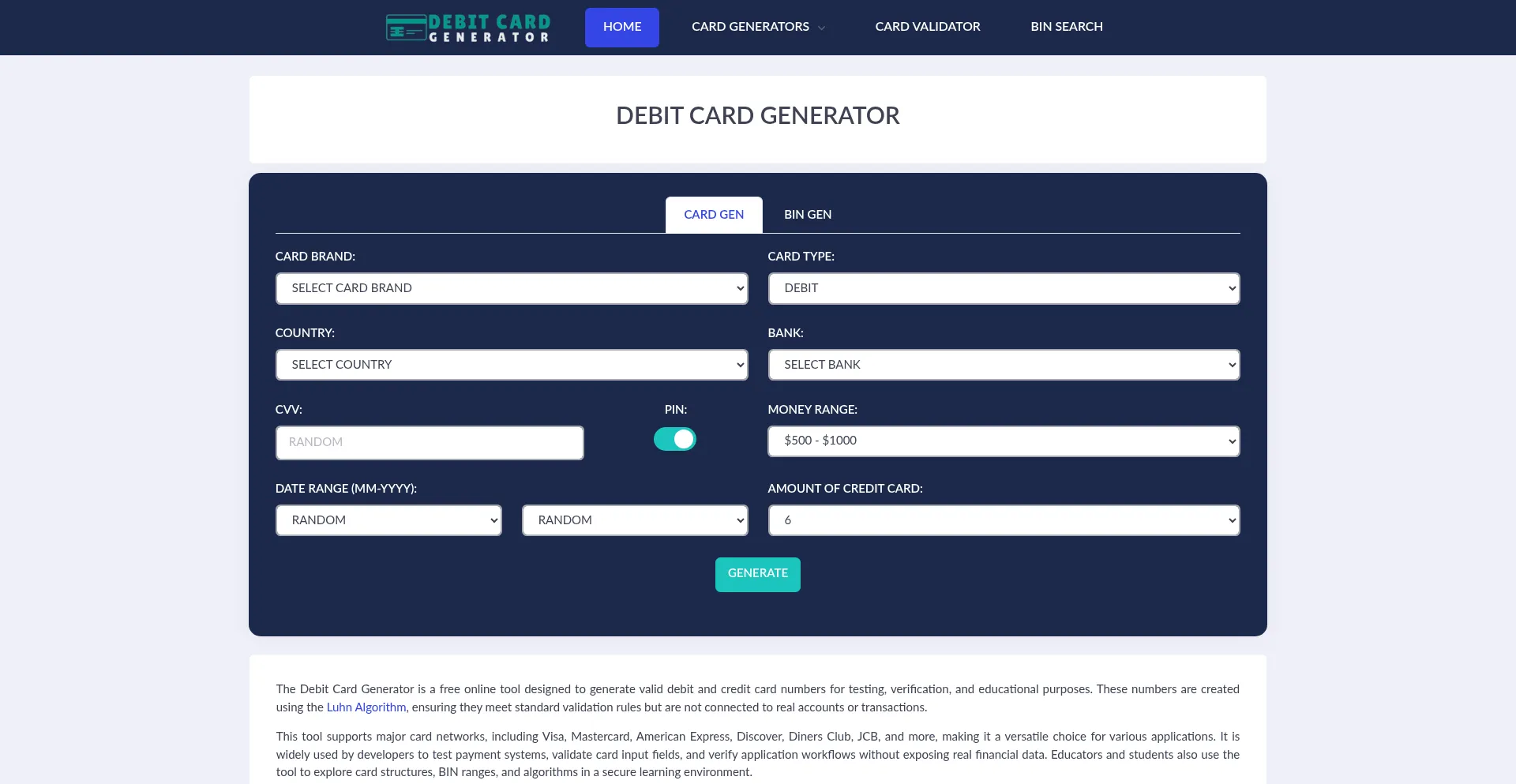 Debitcardgenerator.com Screenshot