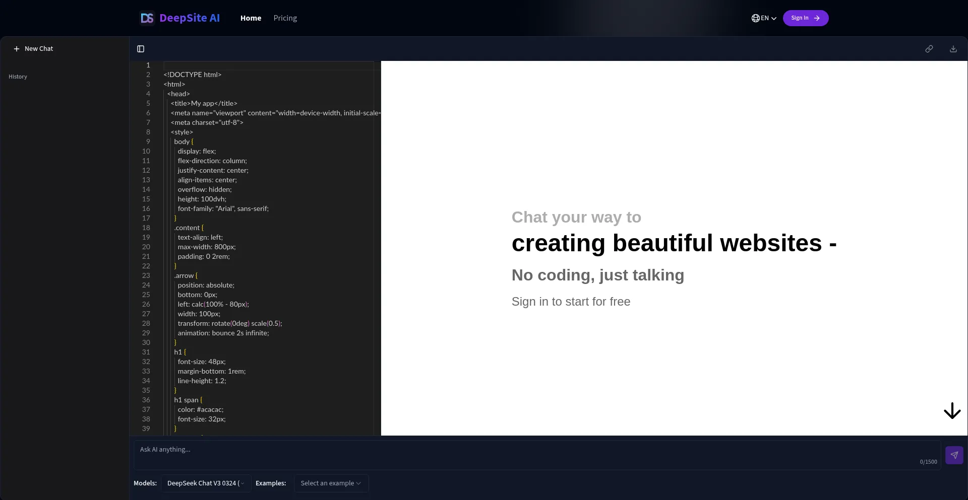Website screenshot of Deepsiteai.com