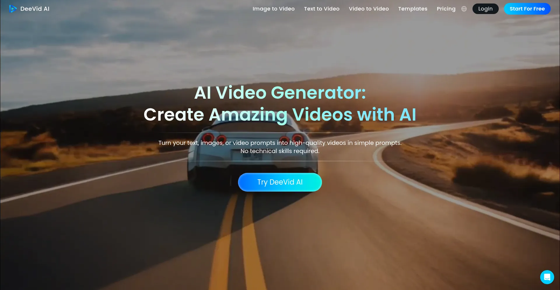 Website screenshot of Deevid.ai