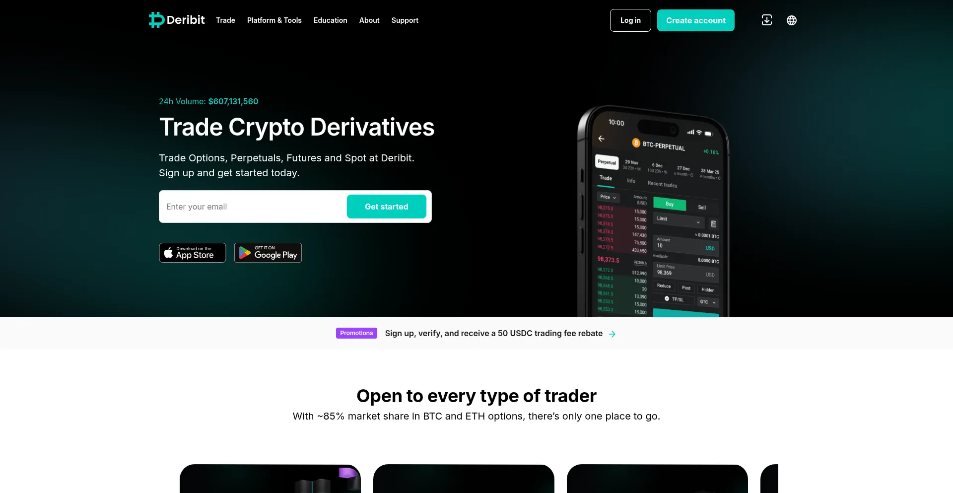 Website screenshot of Deribit.com