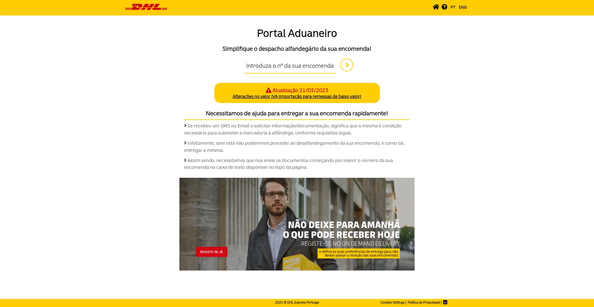 Website screenshot of Desalfandegar.dhl.com