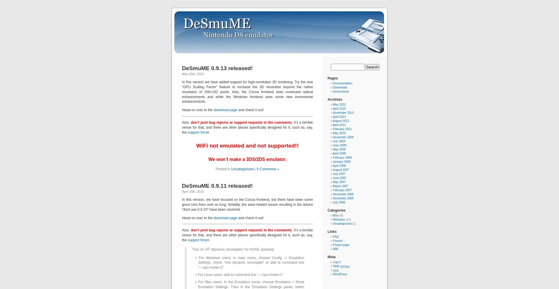 Website screenshot of Desmume.org