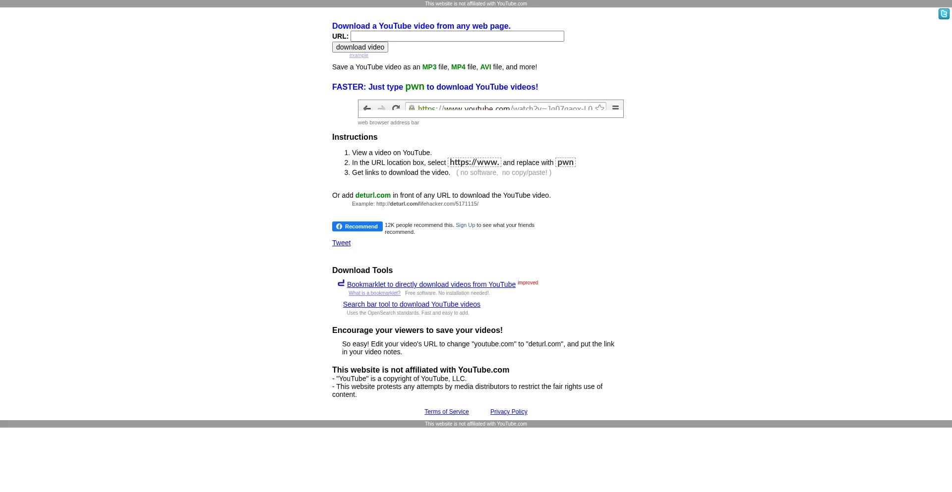 Website screenshot of Deturl.com