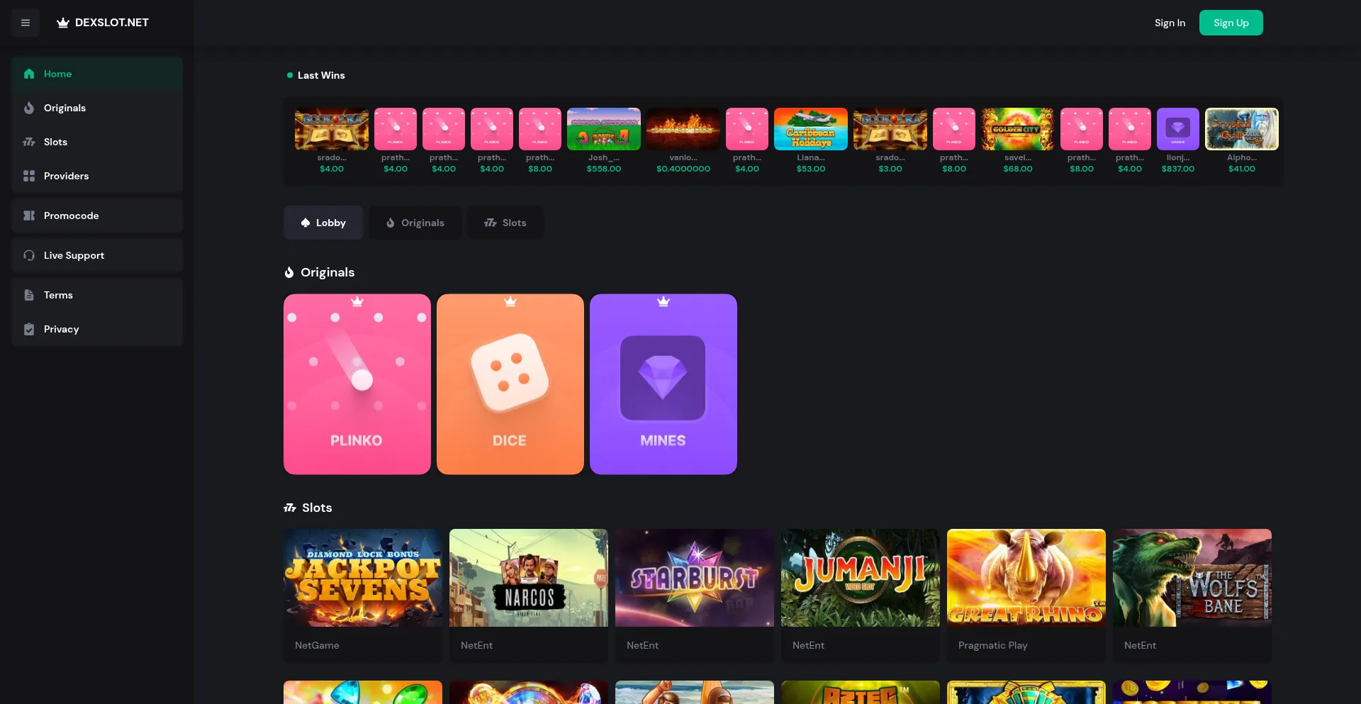Website screenshot of Dexslot.net