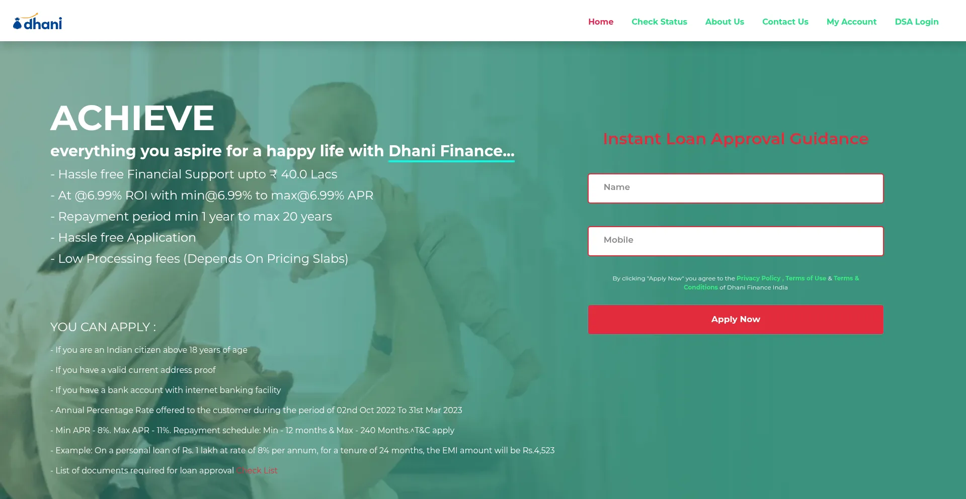 Website screenshot of Dhanifinanceonline.co.in