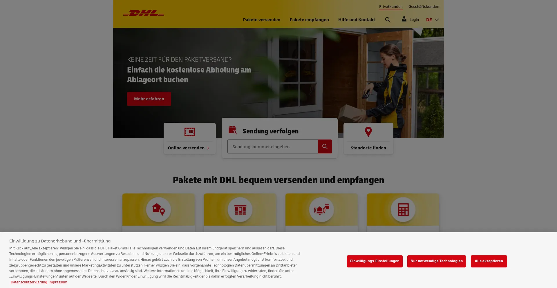 Website screenshot of Dhl.de
