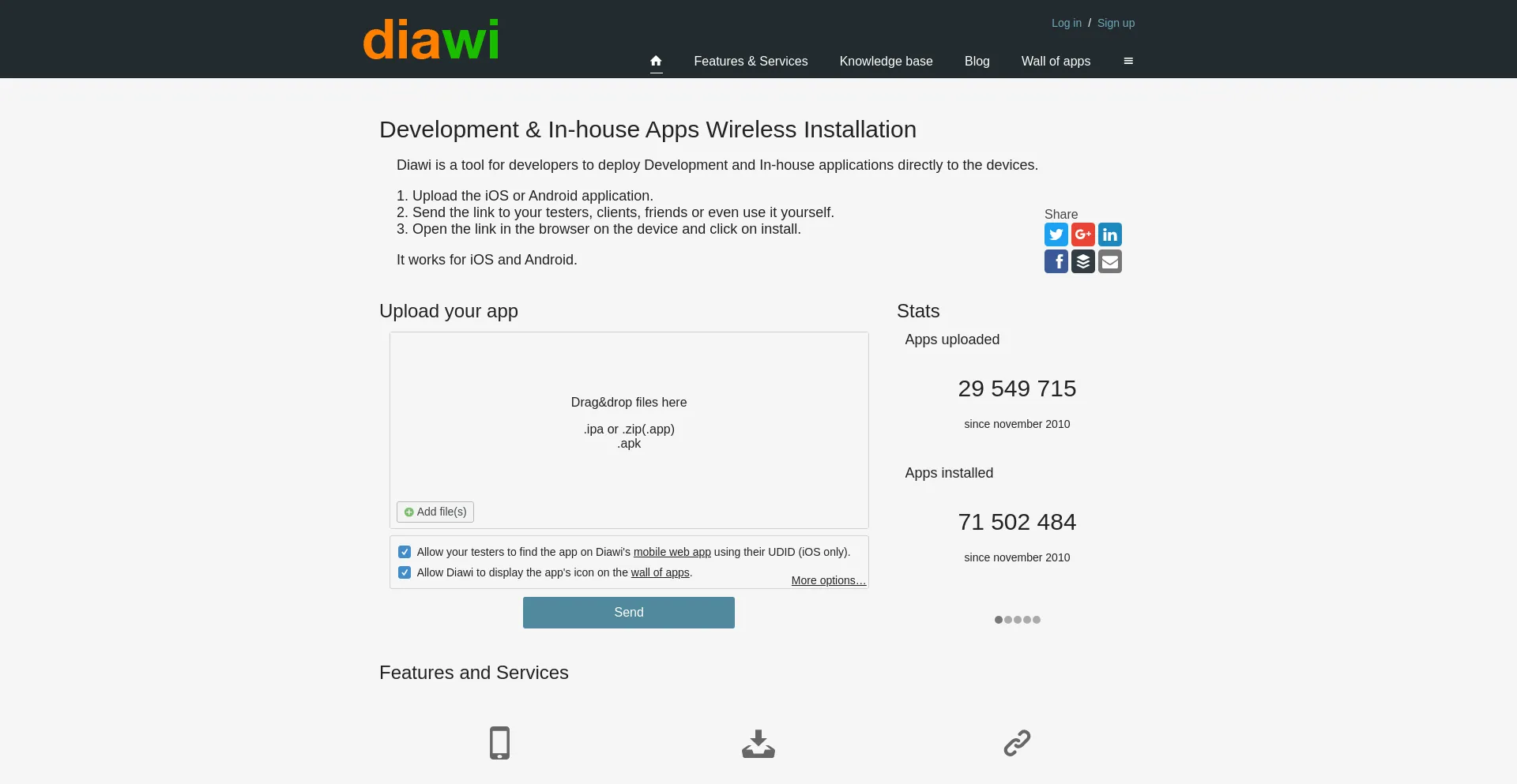 Website screenshot of Diawi.com