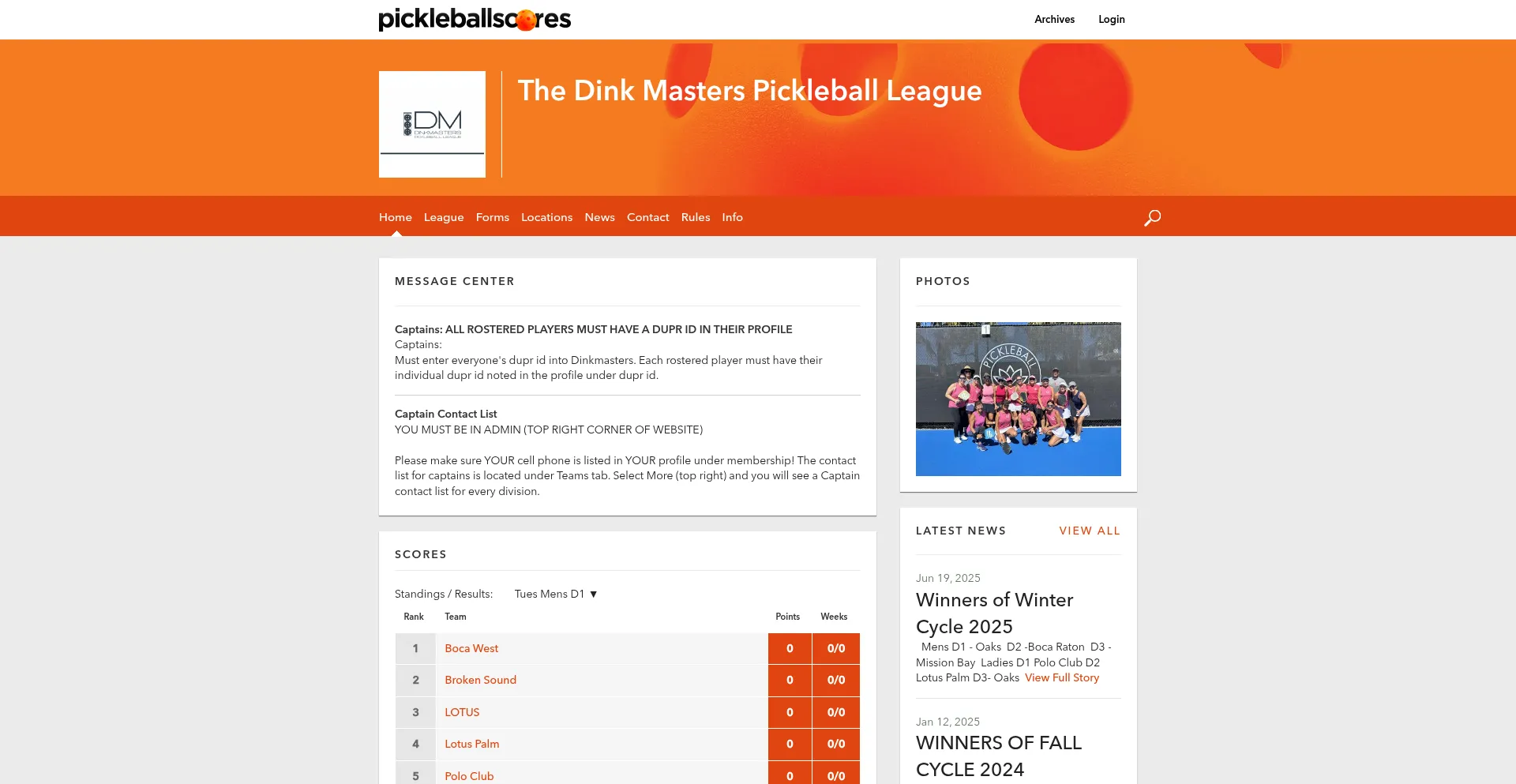 Website screenshot of Dinkmasters.pickleballscores.com