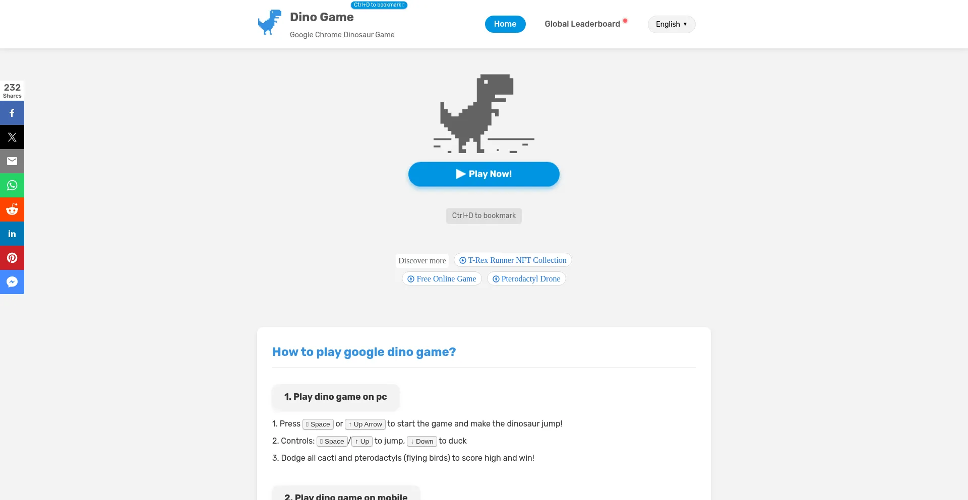 Website screenshot of Dinogame.onl