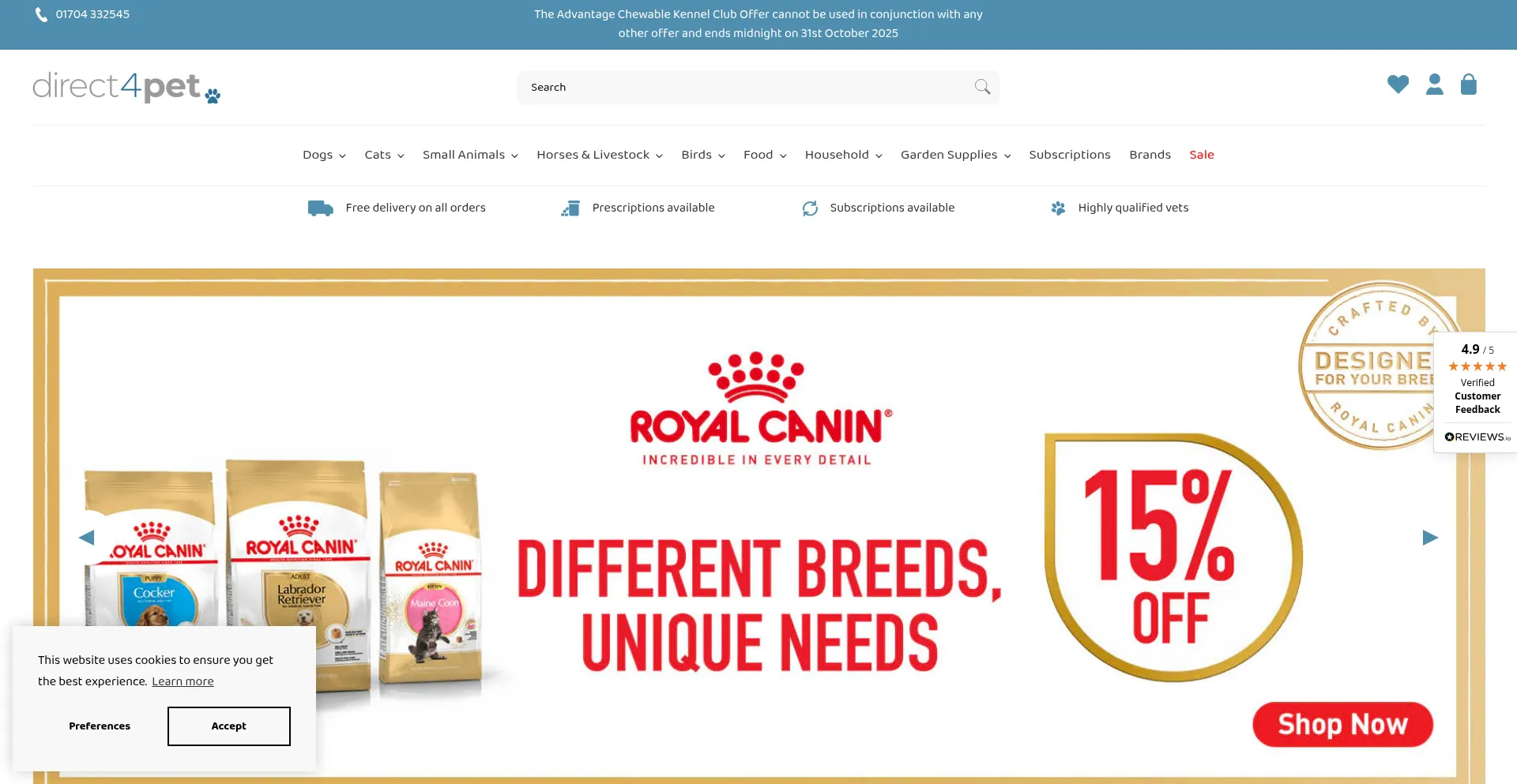 Website screenshot of Direct4pet.co.uk