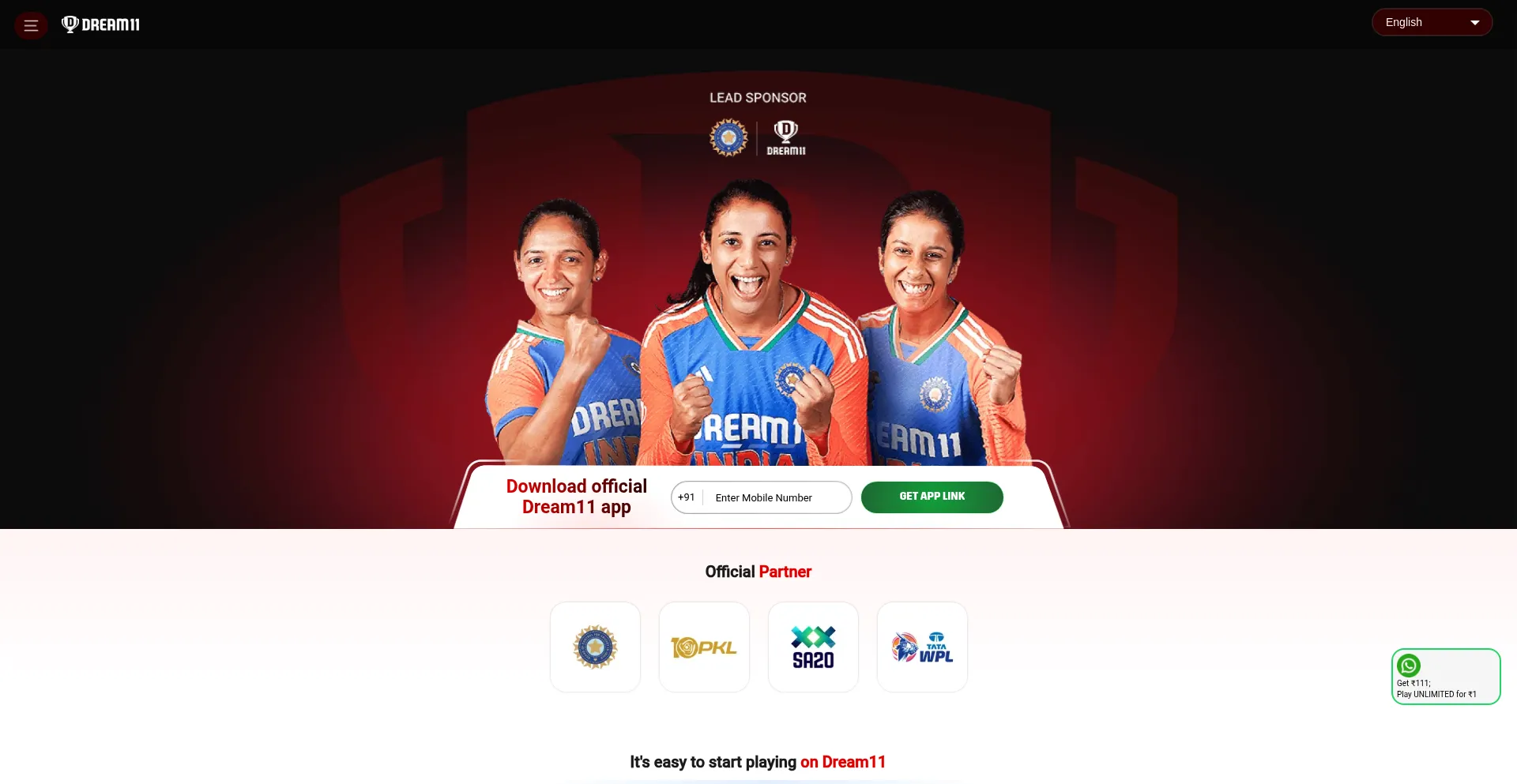 Website screenshot of Dream11.com