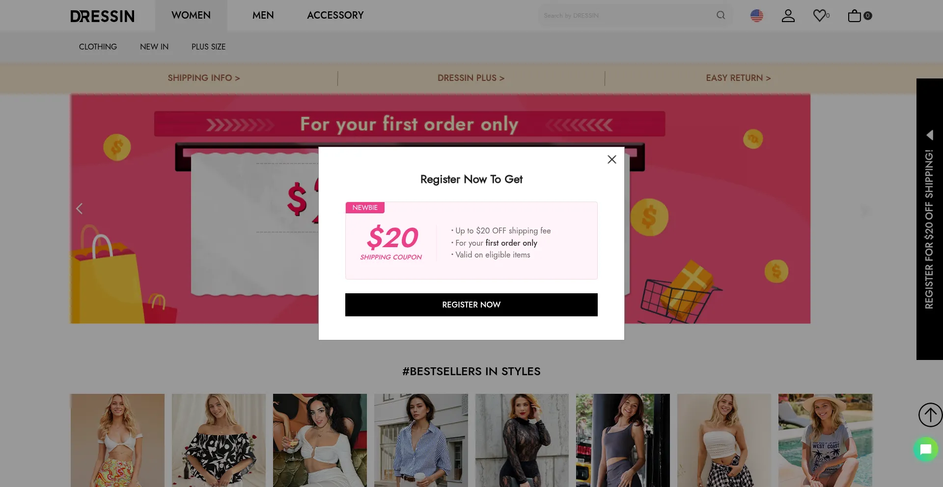 Website screenshot of Dressin.com