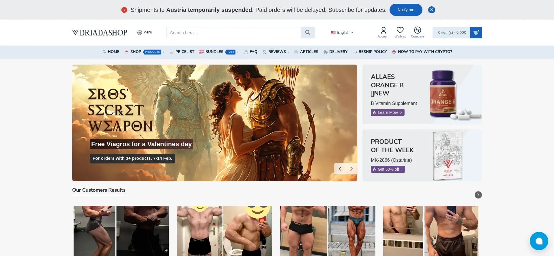 Website screenshot of Driadashop.to