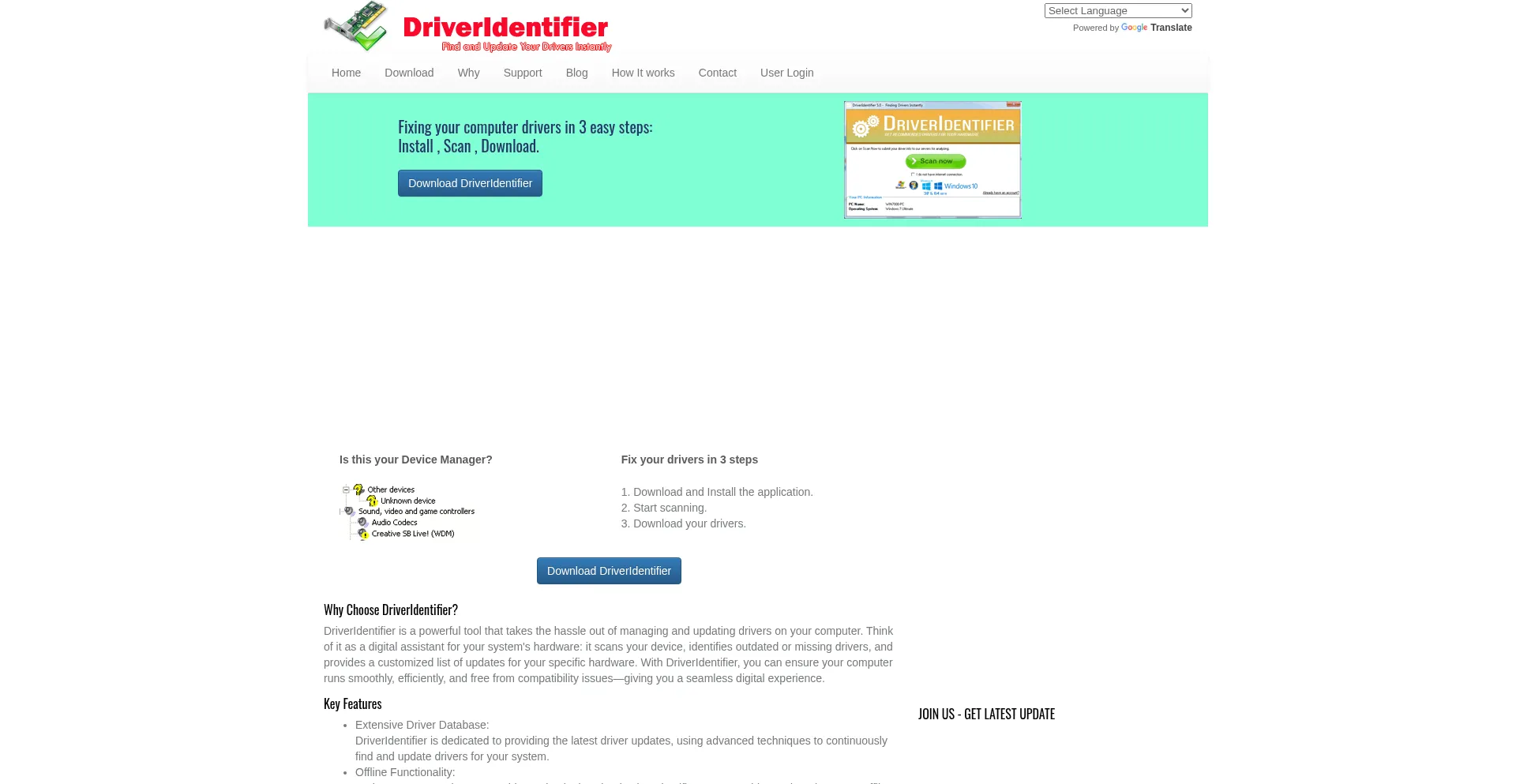 Website screenshot of Driveridentifier.com