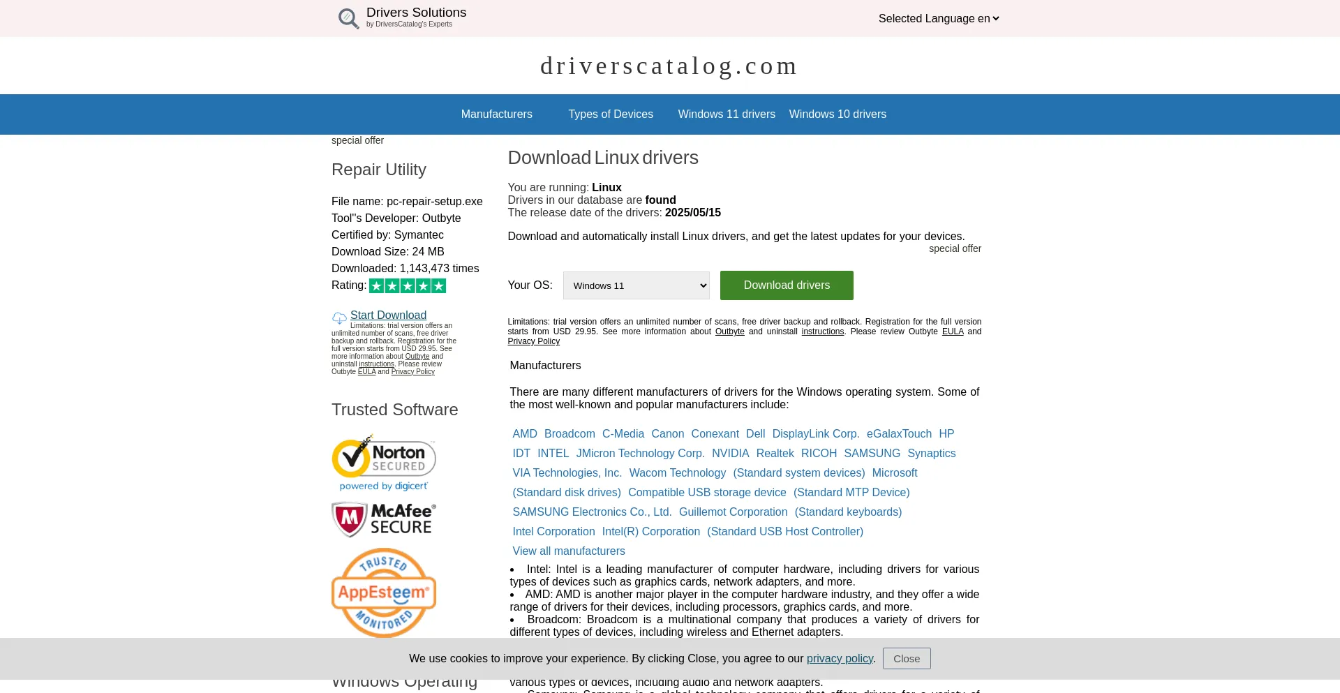 Website screenshot of Driverscatalog.com
