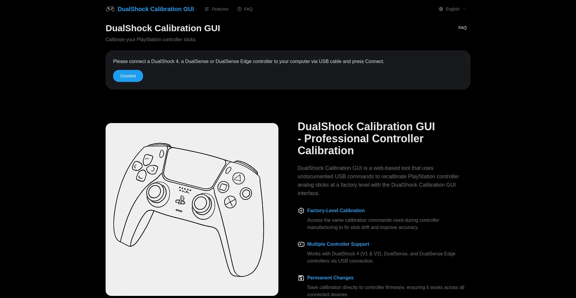 Website screenshot of Dualshockcalibrationgui.com
