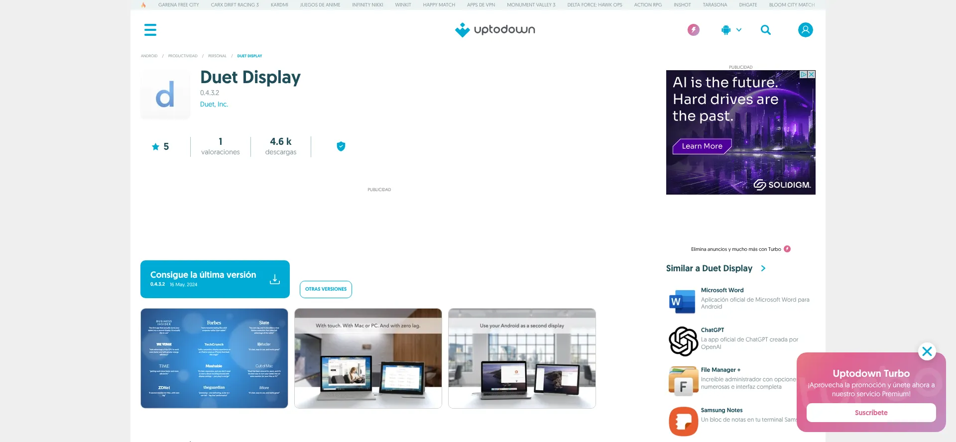 Website screenshot of Duet-display.uptodown.com
