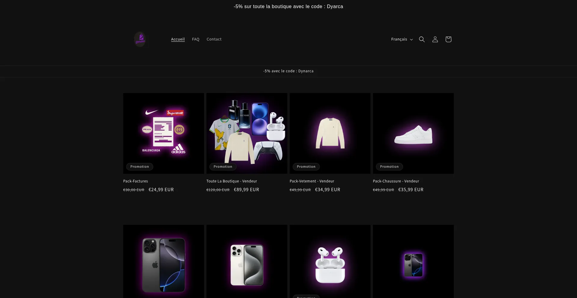 Website screenshot of Dynarca.myshopify.com