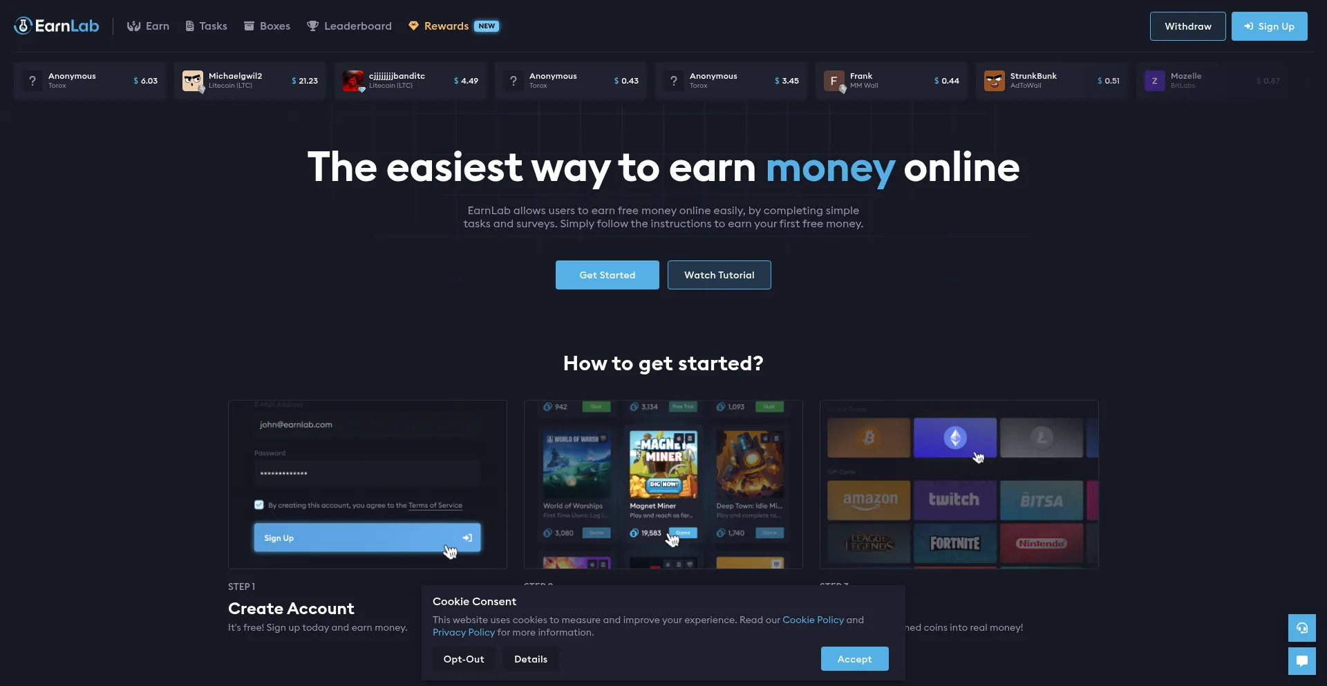 Website screenshot of Earnlab.com