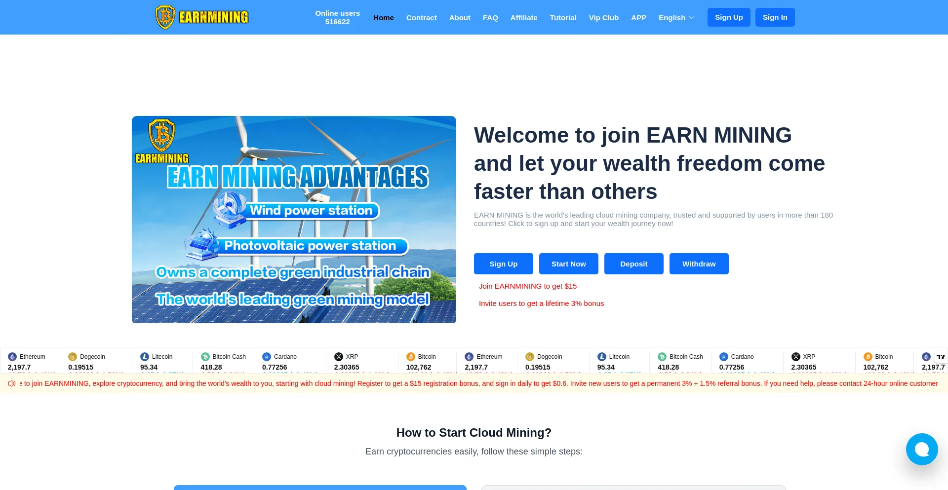 Website screenshot of Earnmining.com