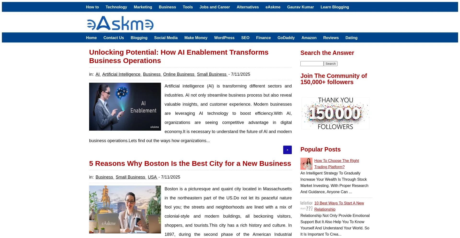 Website screenshot of Easkme.com