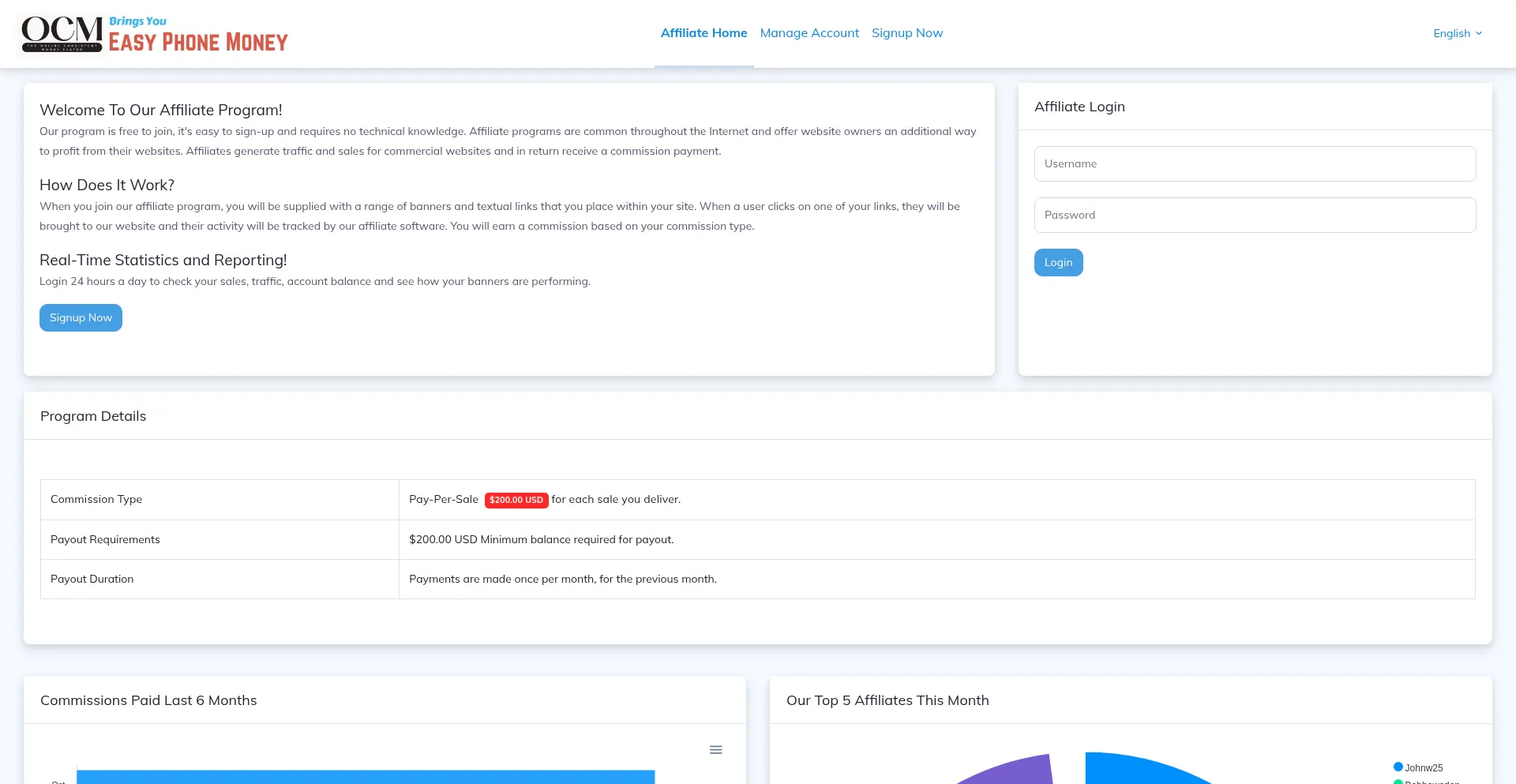Website screenshot of Easyphonemoney.idevaffiliate.com