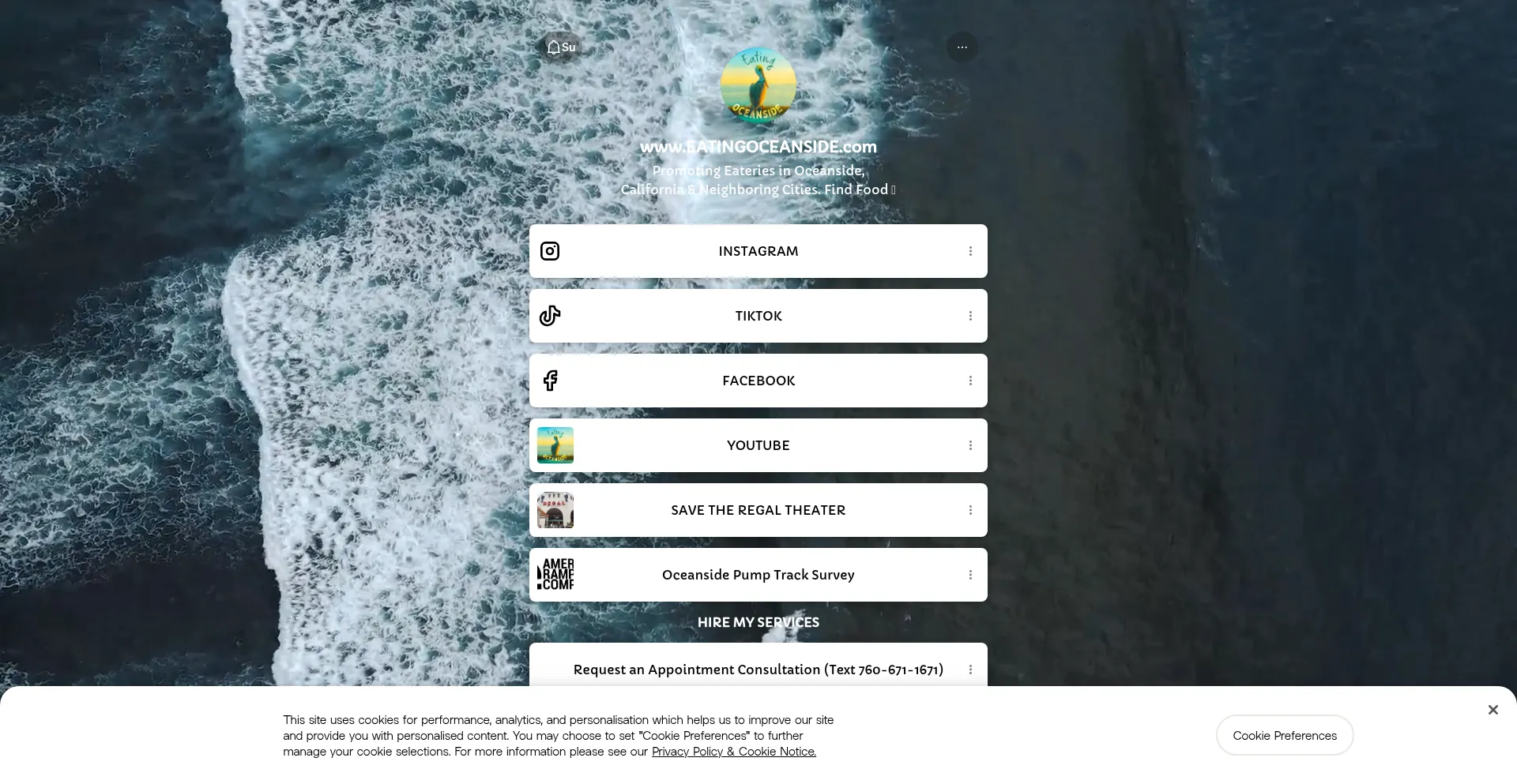 Website screenshot of Eatingoceanside.com