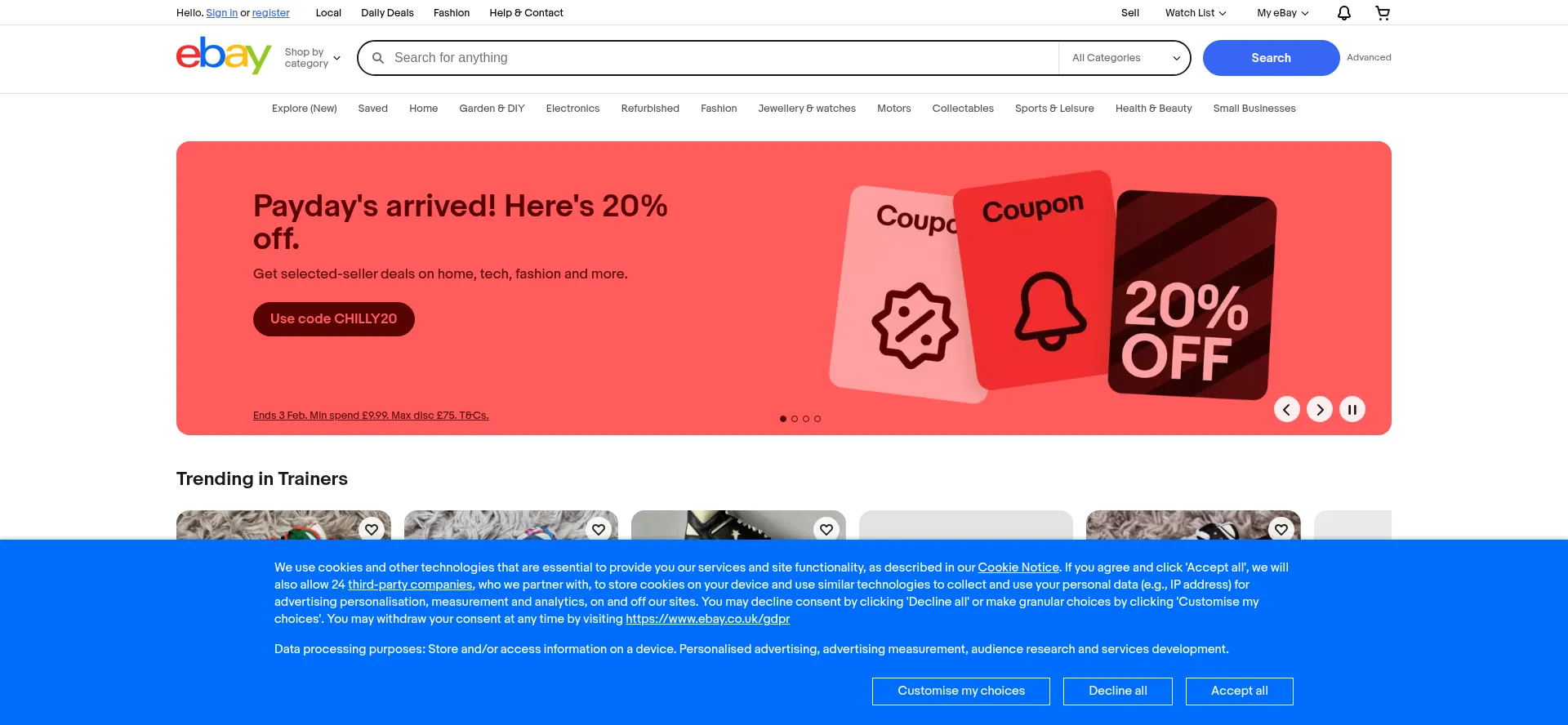 Website screenshot of Ebay.co.uk