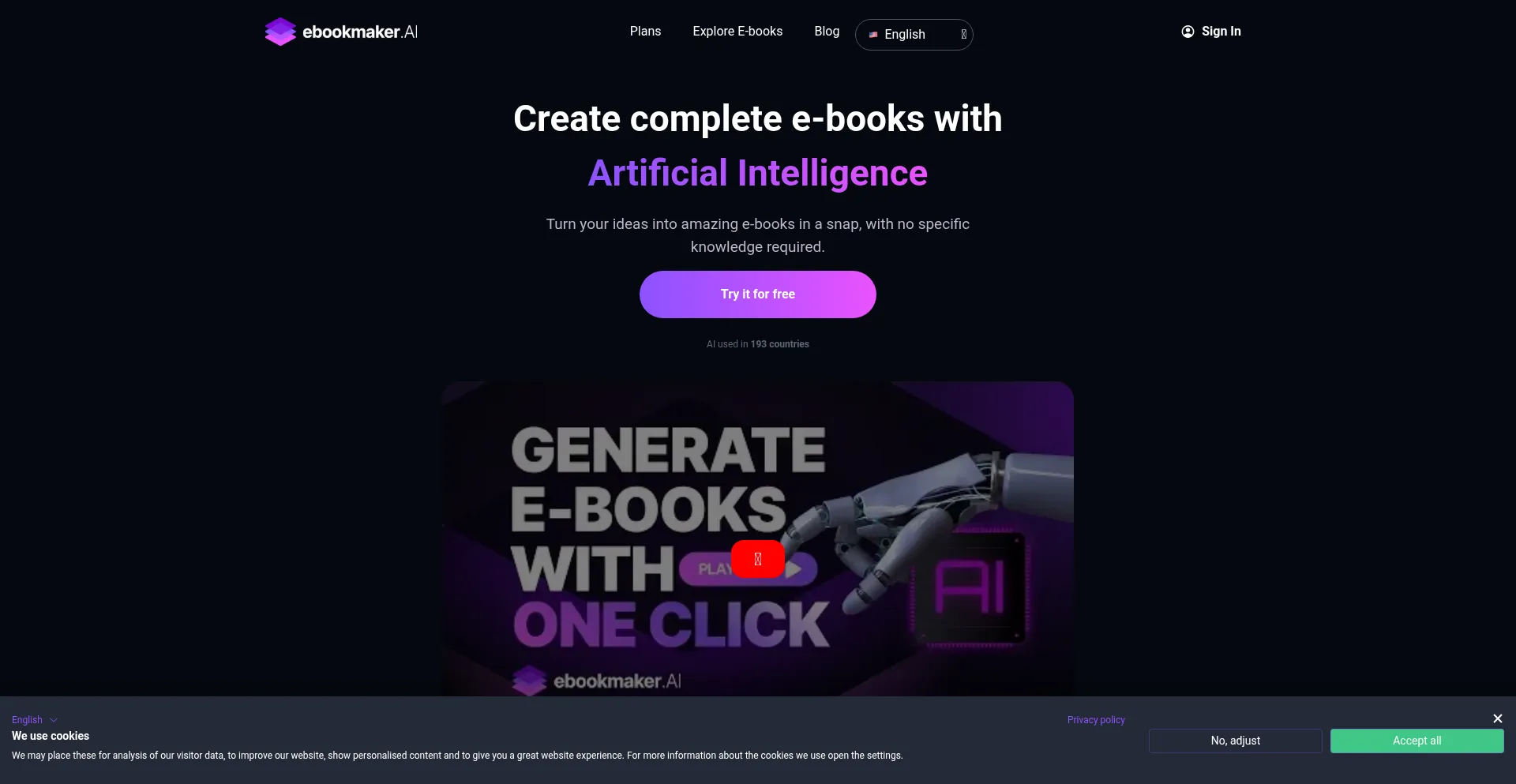 Website screenshot of Ebookmaker.ai