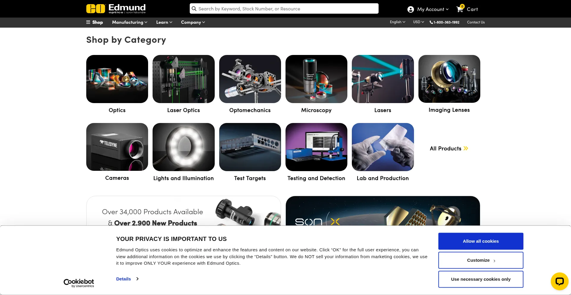 Website screenshot of Edmundoptics.com