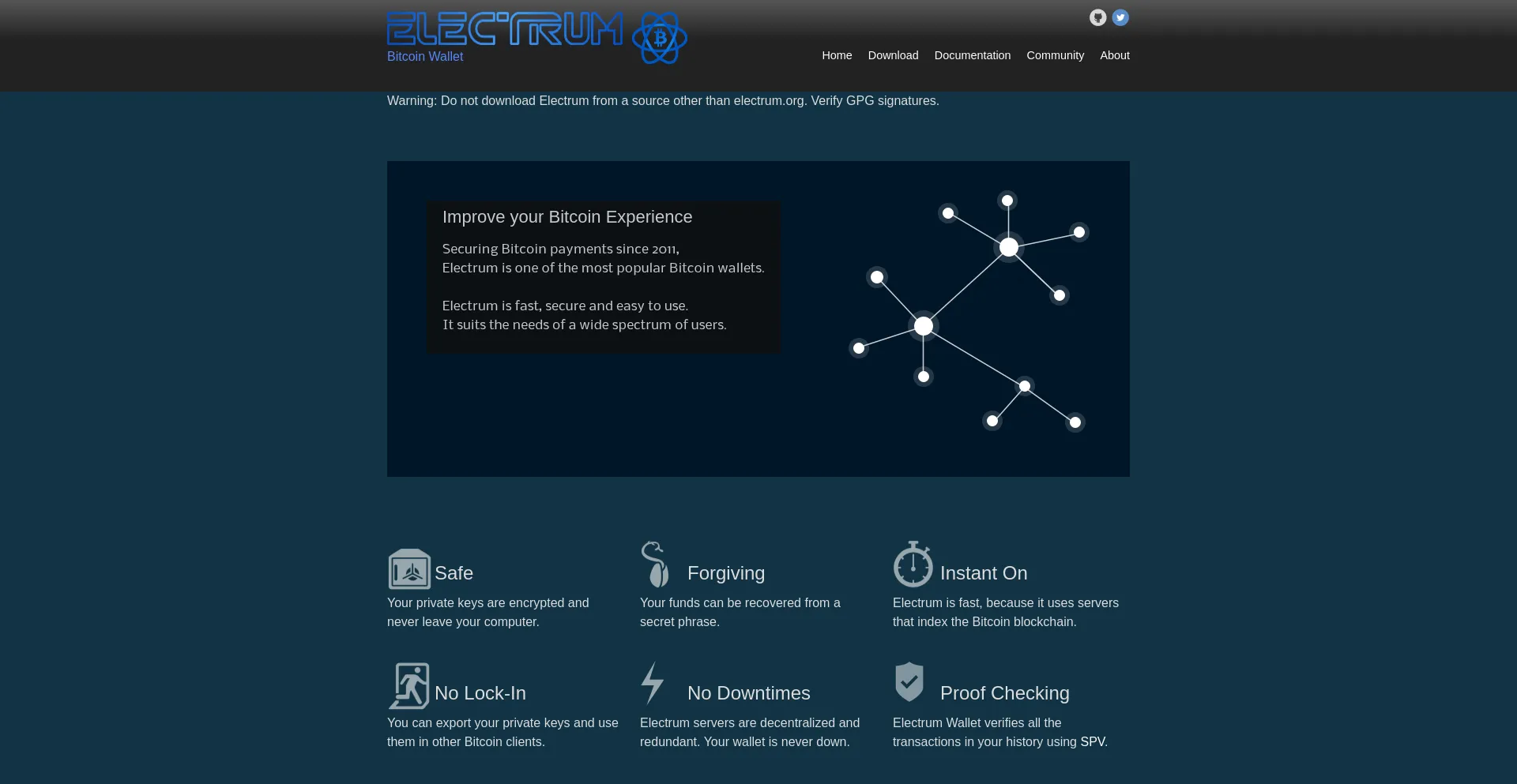 Website screenshot of Electrumdownload.org