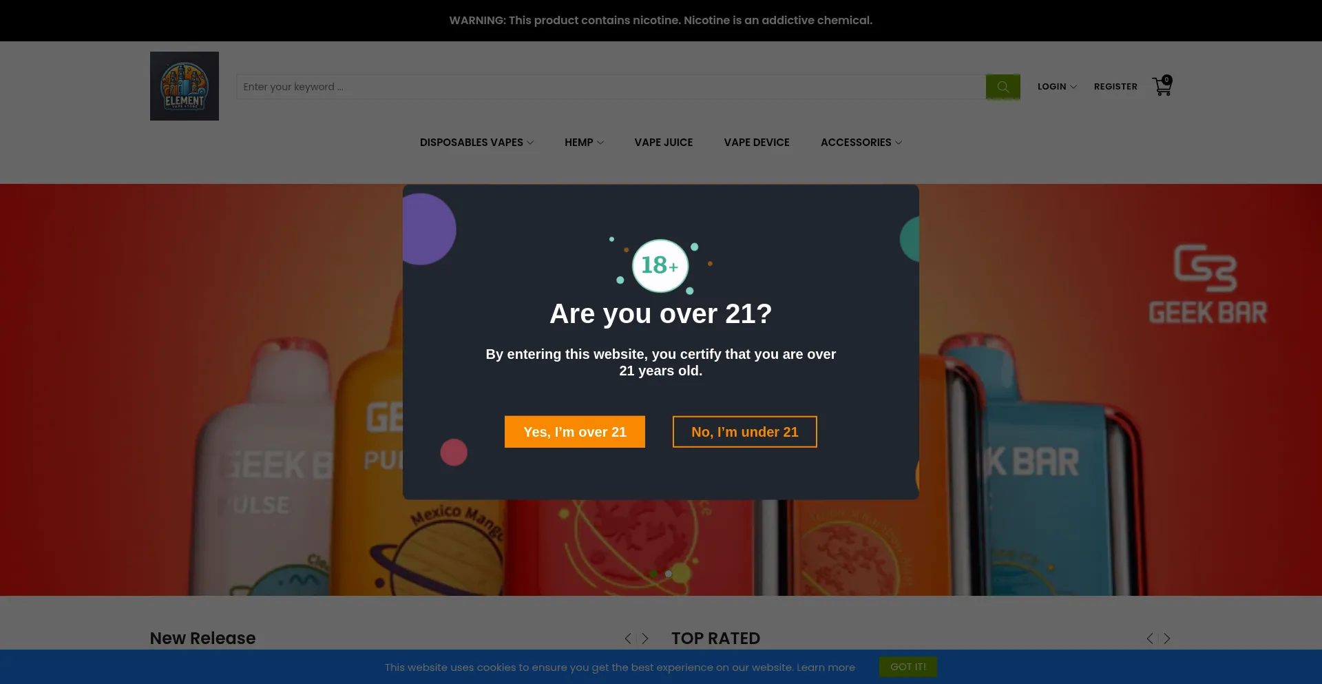Website screenshot of Elementvapestore.com