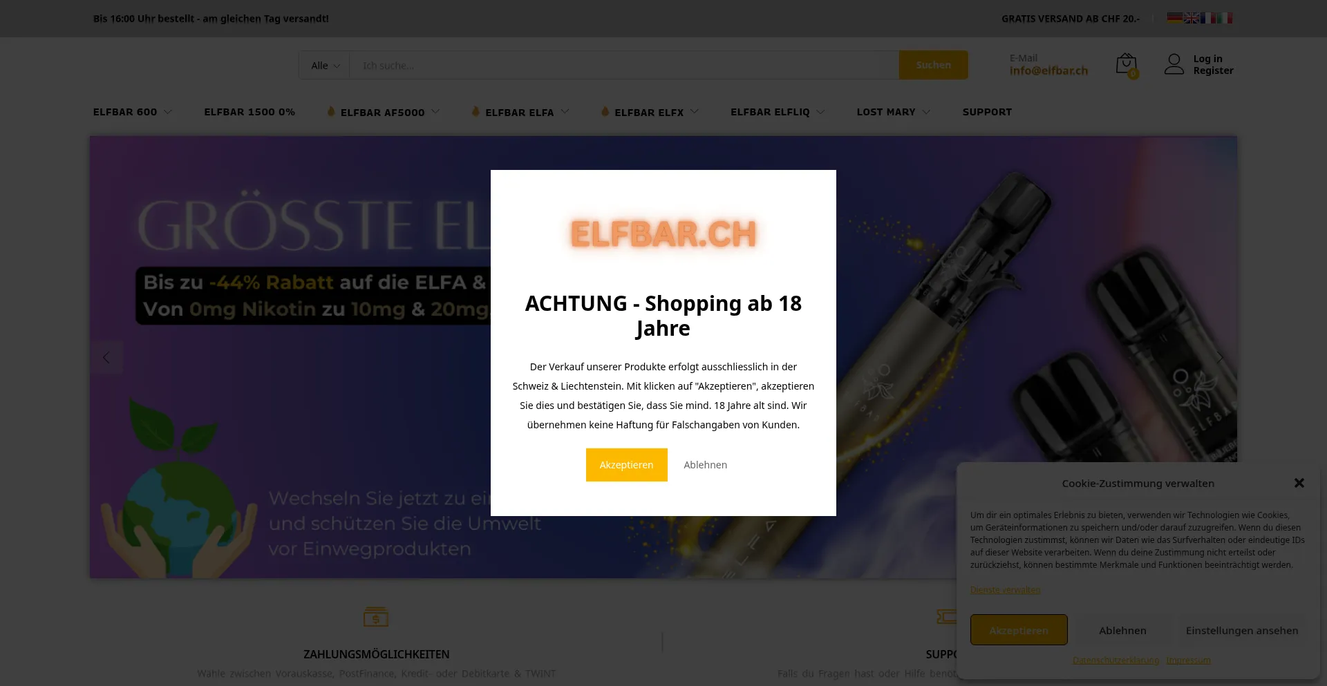 Website screenshot of Elfbar.ch
