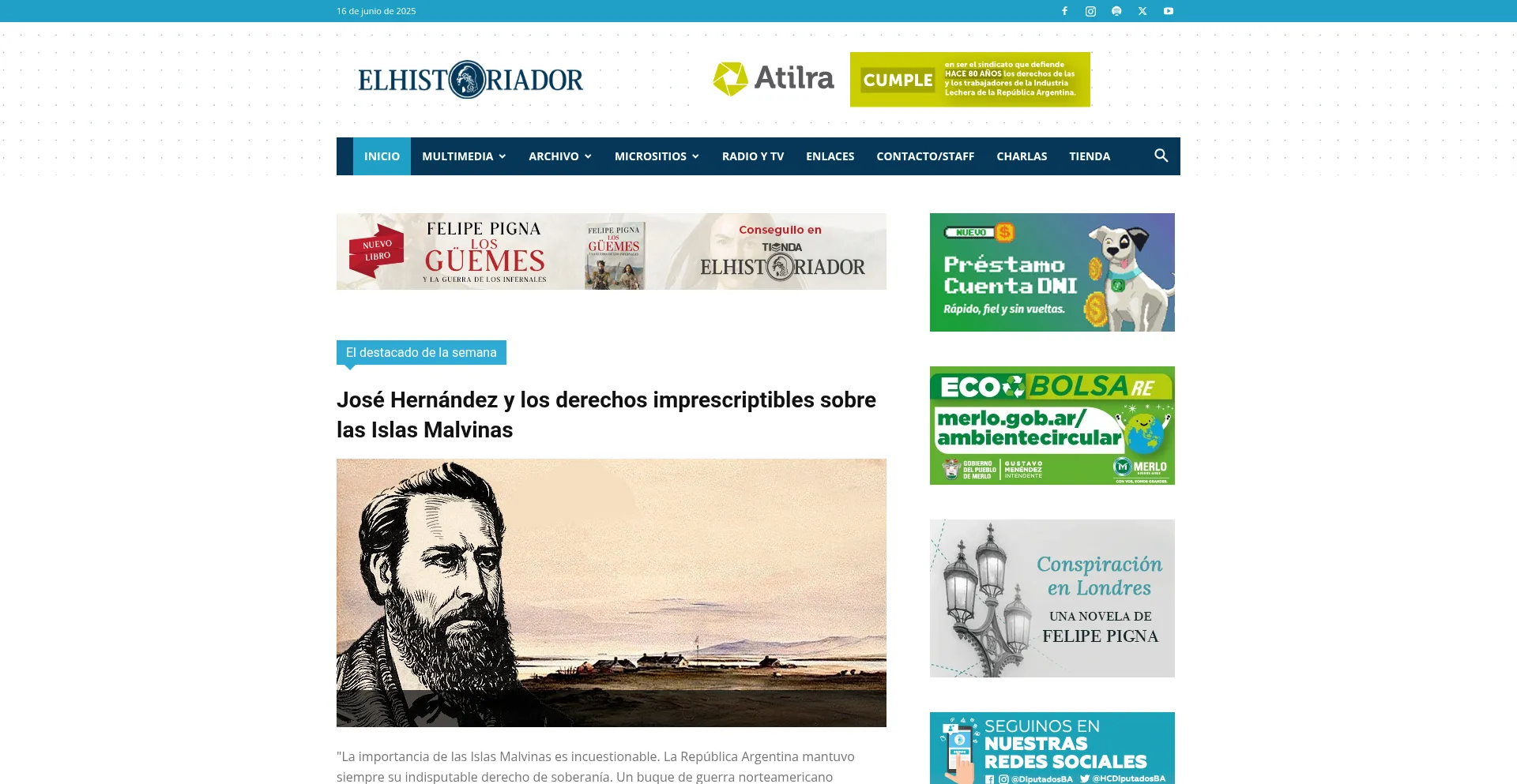 Website screenshot of Elhistoriador.com.ar