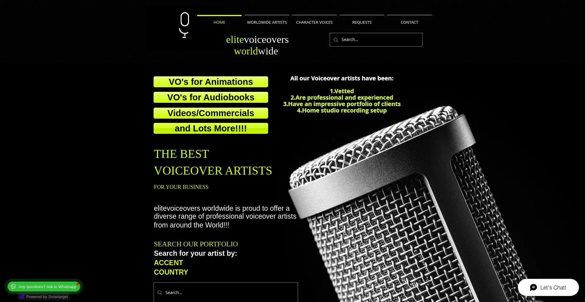 Website screenshot of Elitevoiceoversworldwide.com