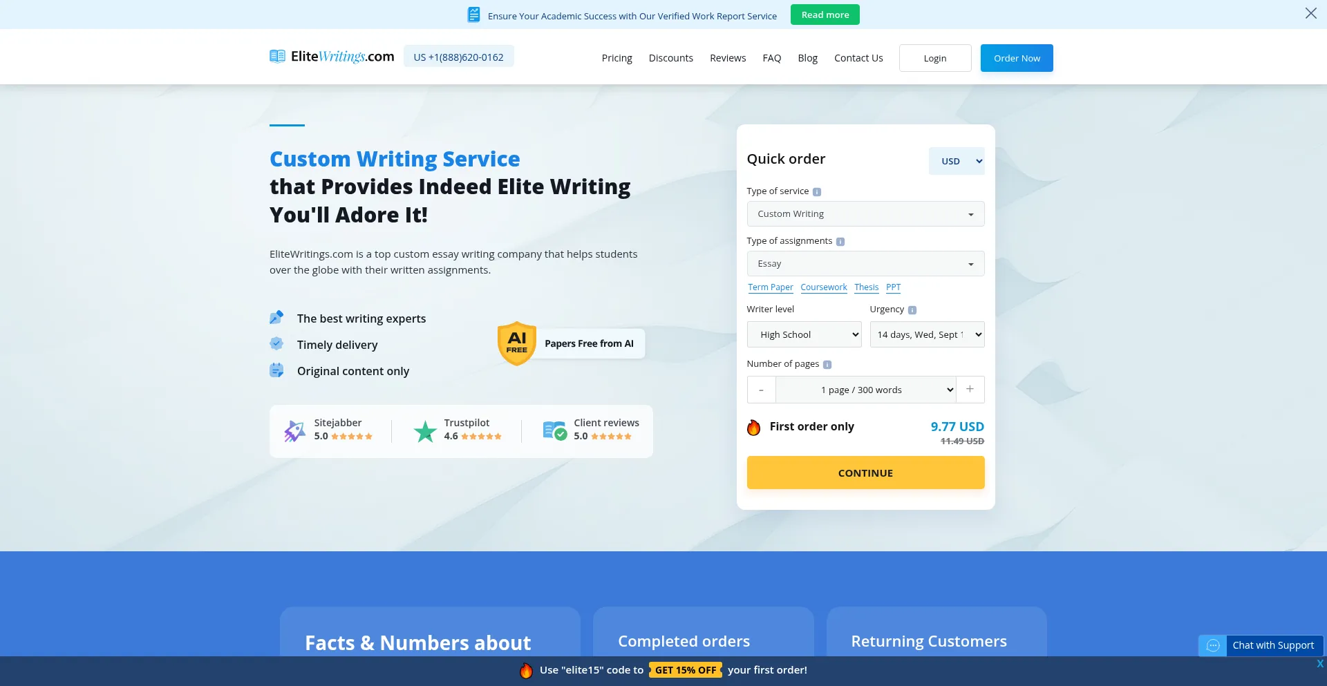 Website screenshot of Elitewritings.com