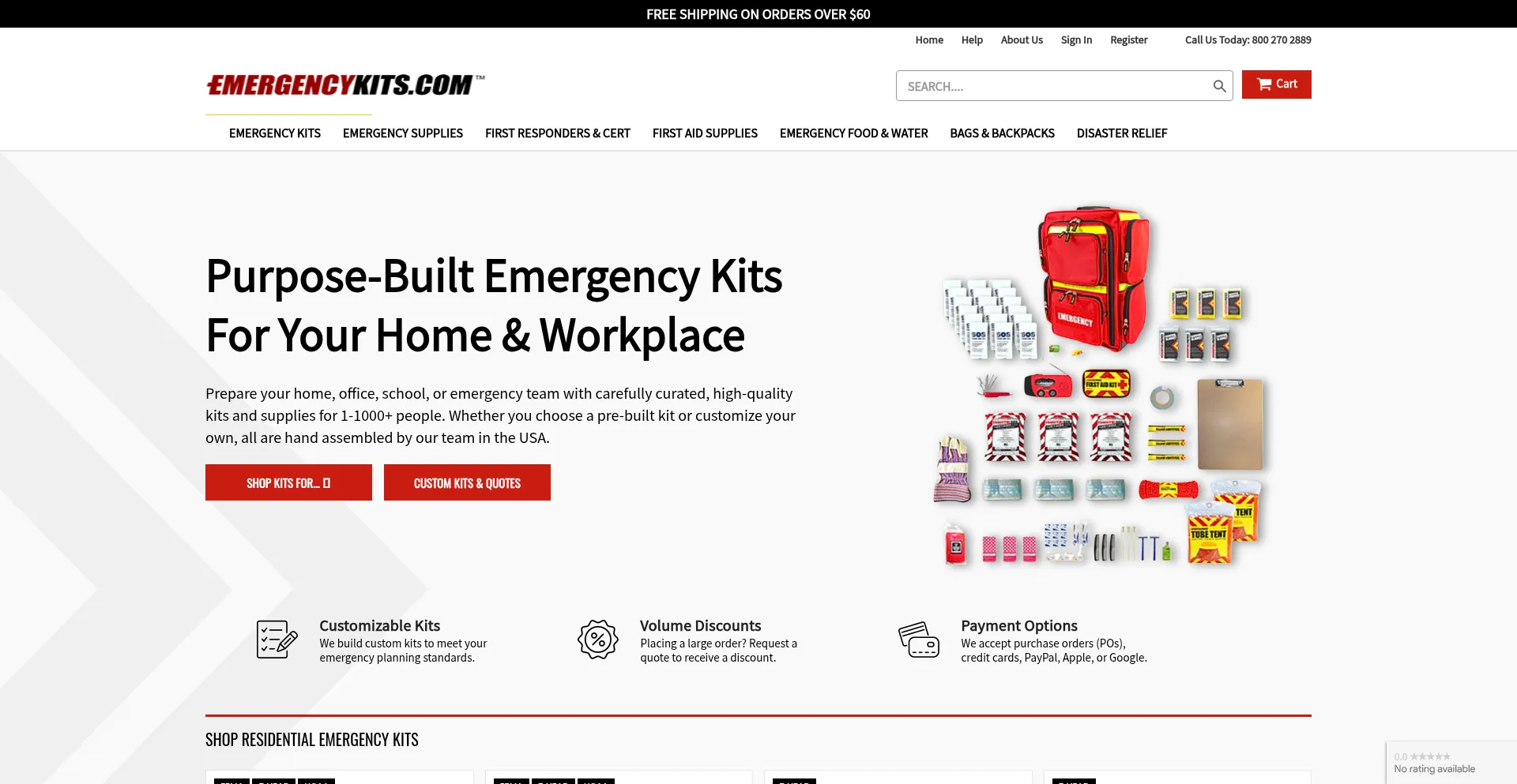 Website screenshot of Emergencykits.com