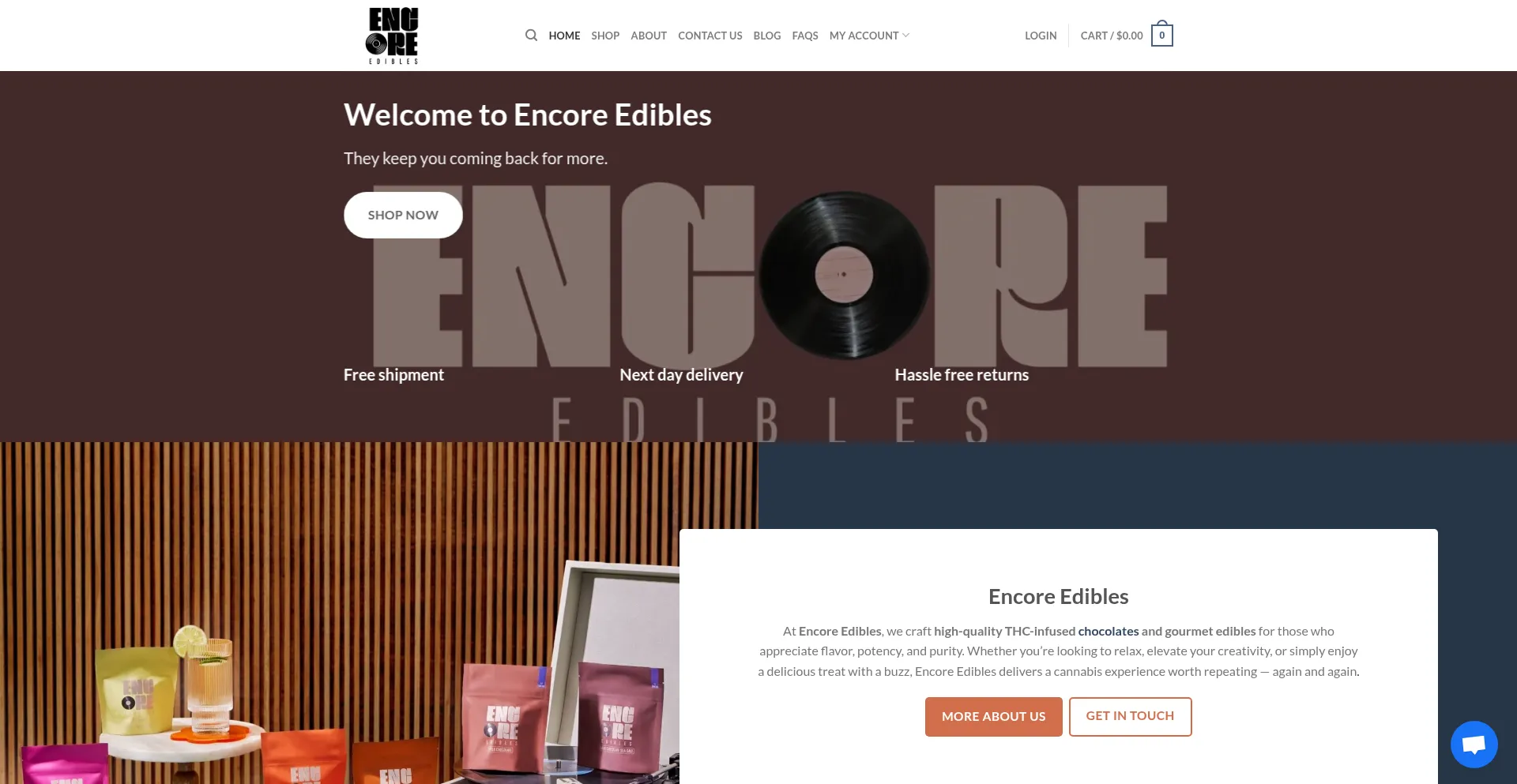 Website screenshot of Encoredibles.com