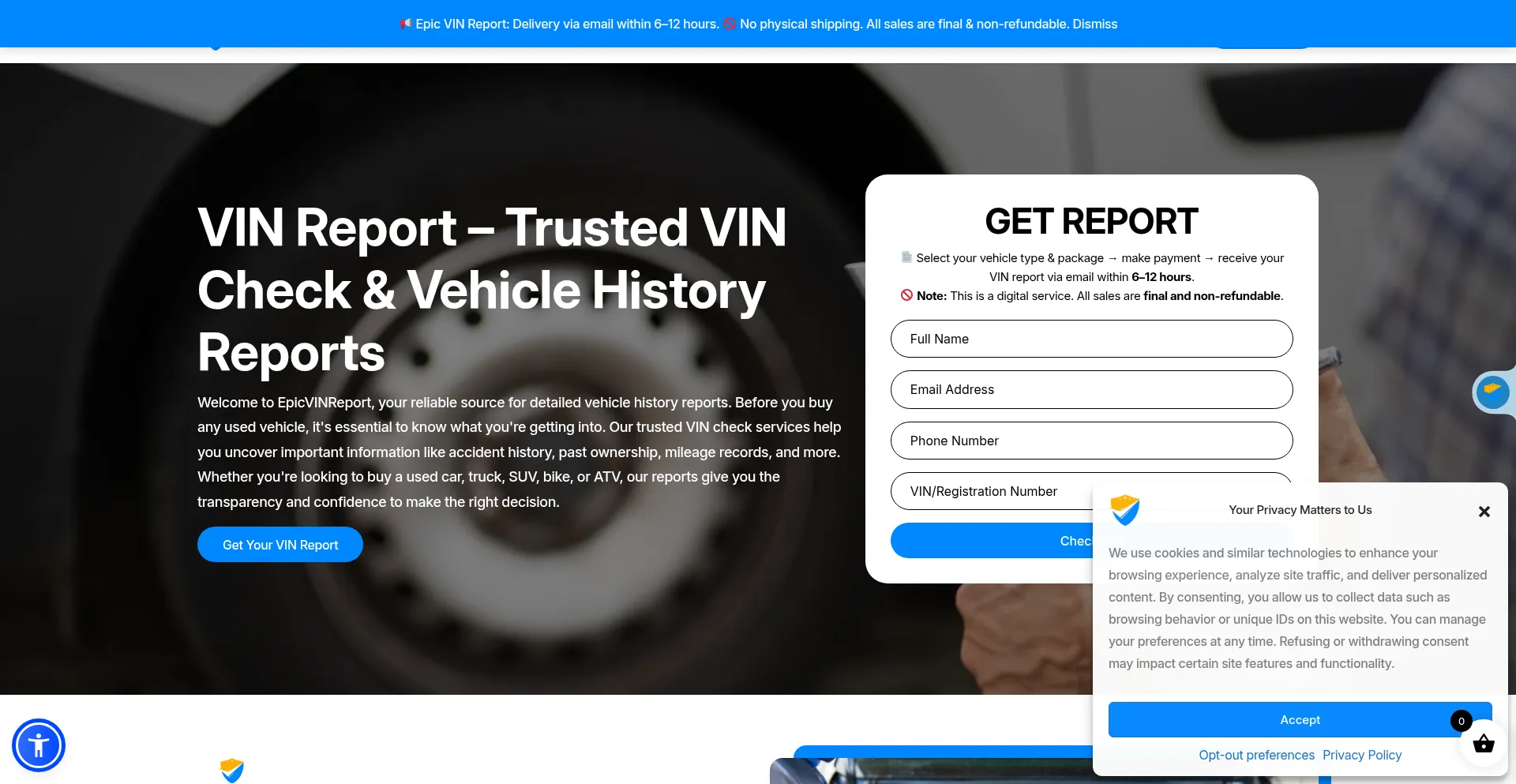 Website screenshot of Epicvinreport.com