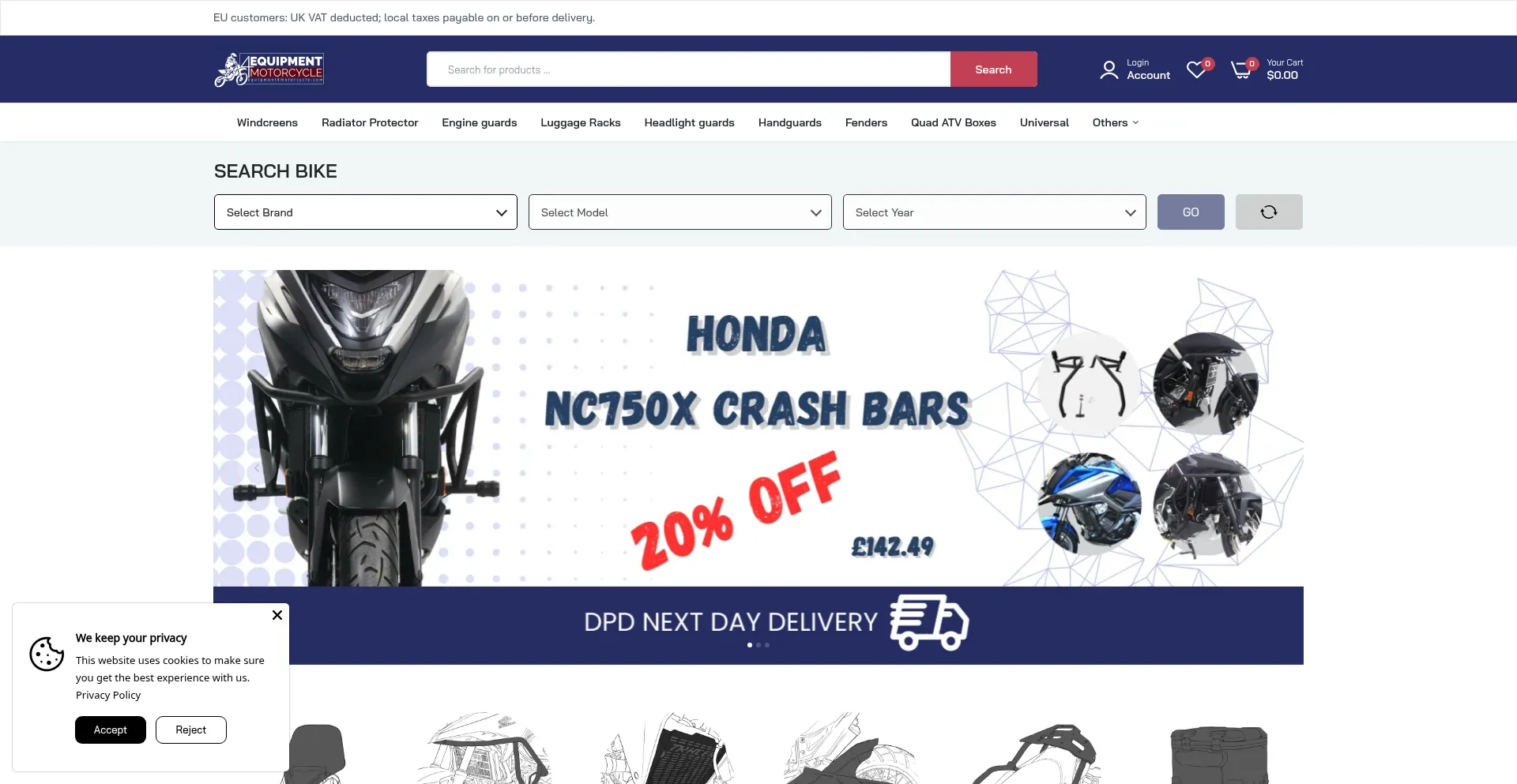 Website screenshot of Equipment4motorcycle.com